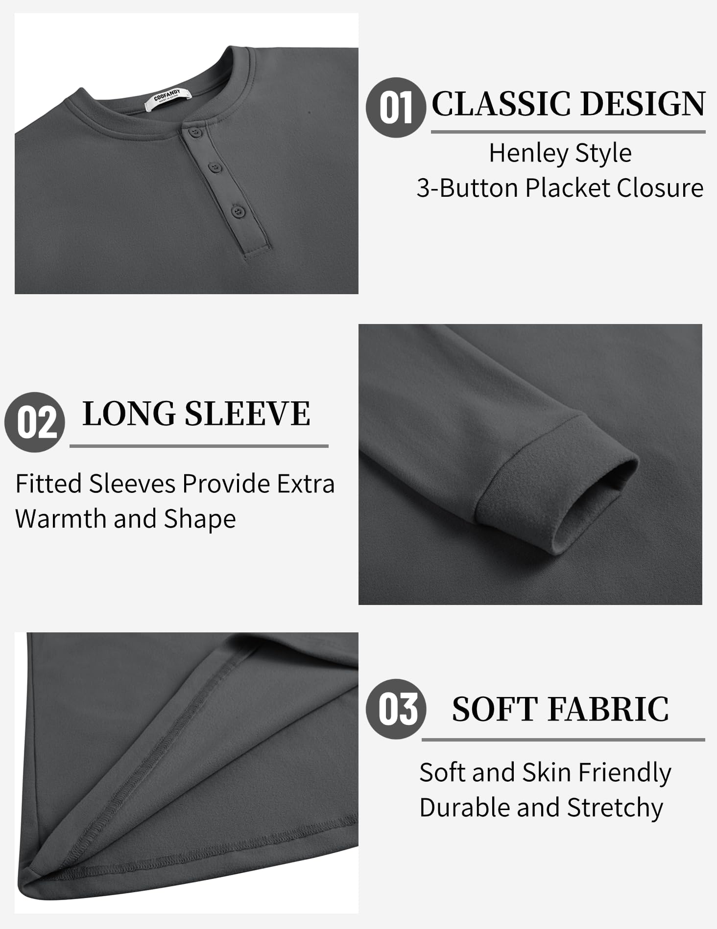 COOFANDY Men's Casual Henley Shirts Long Sleeve Fashion Basic Pullover Shirt Lightweight Button T-Shirts Fall Tops Dark Grey - Medaid International