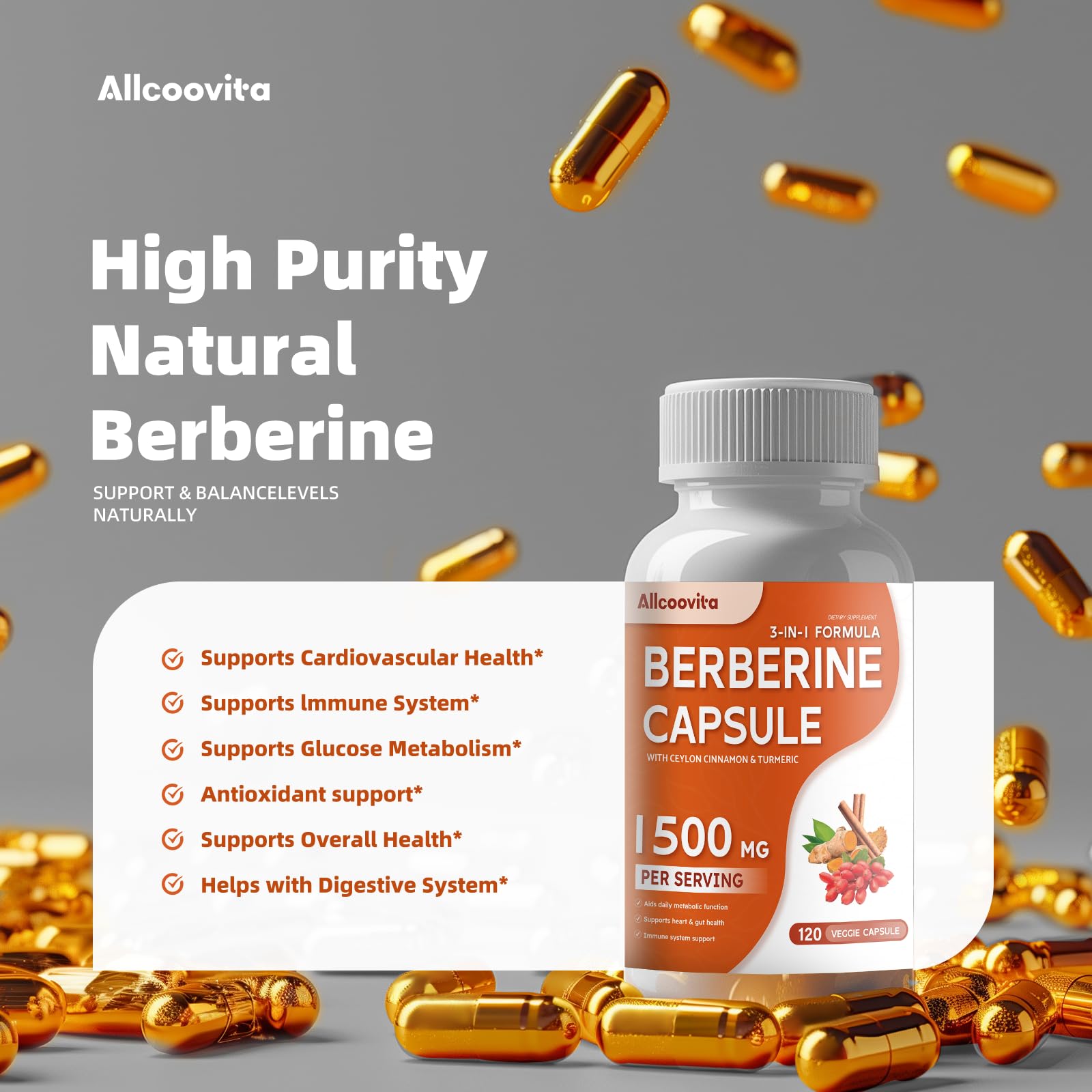 Allcoovita Berberine Supplement - Berberine 1500mg Per Serving,120 Capsules - Berberine HCI - Berberine Plus - Plus Pure True Ceylon Cinnamon, Berberine HCI Root Supplements Pills - Medaid International