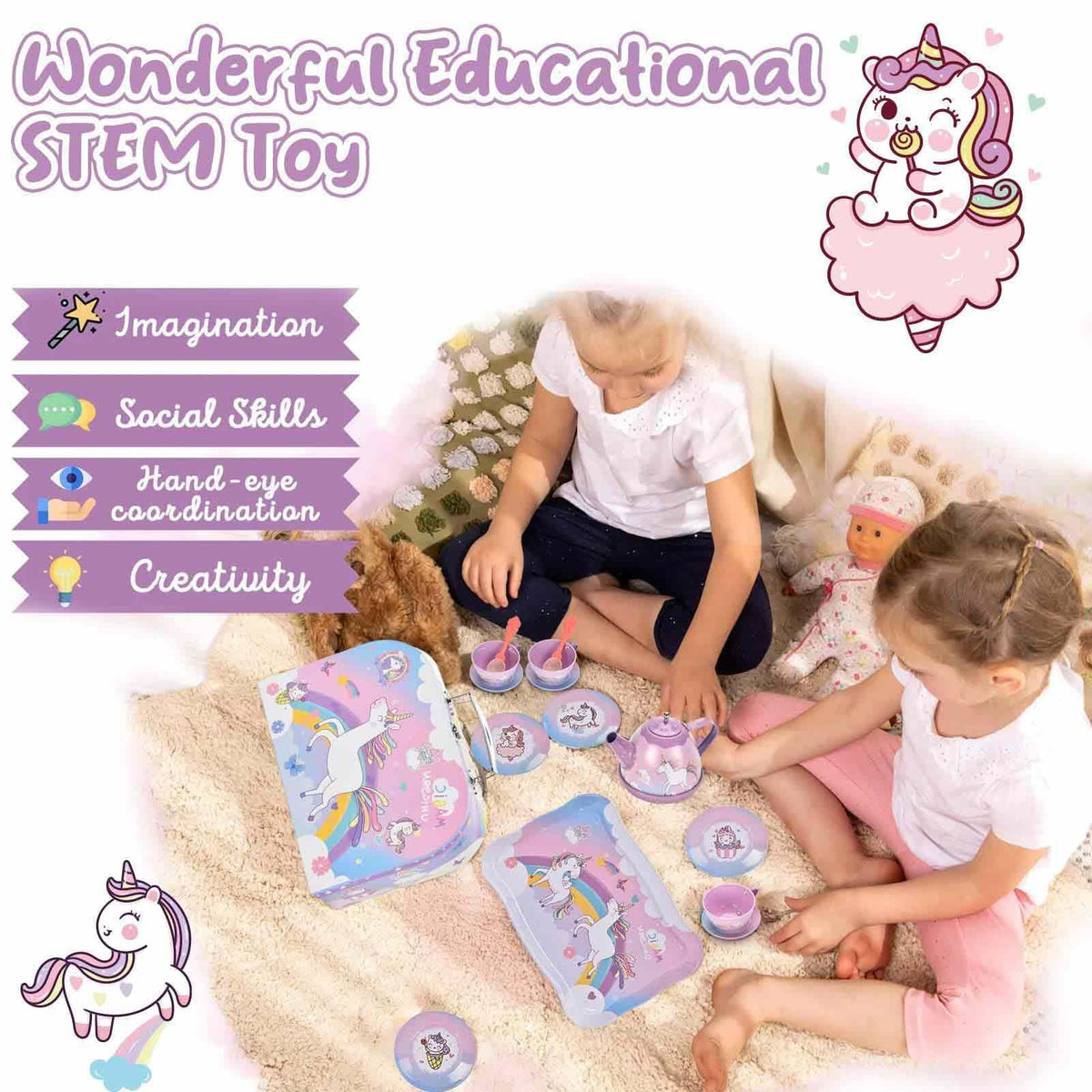 Unicorn Gifts Tea Party Set for Little Girls, Gift for Age 3 4 5 6 Year Old, Princess Tea Set Toys for Little Girls, Kids Kitchen Pretend Toy with Tin Tea Set (Unicorn Theme)