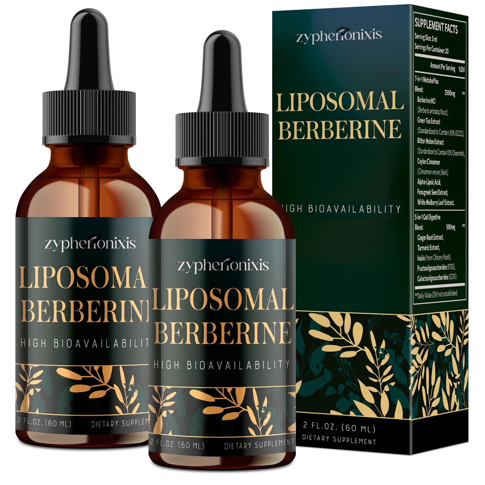 Zypherionixis Liposomal Berberine HCL Supplement Liquid 3000mg - High Absorption Berberine Drops with Ceylon Cinnamon - 12-in-1 Formula AMPK Activator, Sugar Free - 4 fl oz - Medaid International