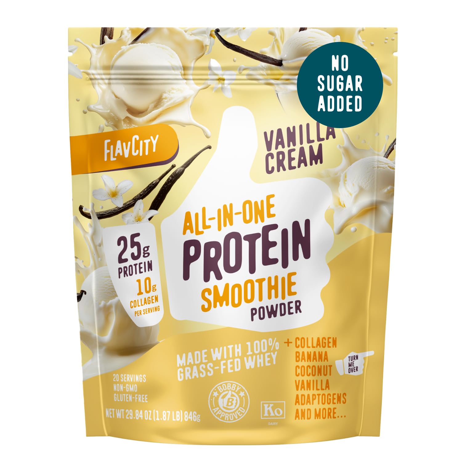 FlavCity Grass Fed Whey Protein Powder - Vanilla Smoothie - 25g Protein & 10g Collagen - Made with Real Vanilla Bean & Organic Coconut Milk - Gluten Free & No Added Sugars (20 Servings) - Medaid International