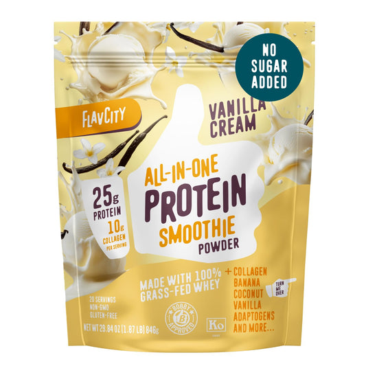 FlavCity Grass Fed Whey Protein Powder - Vanilla Smoothie - 25g Protein & 10g Collagen - Made with Real Vanilla Bean & Organic Coconut Milk - Gluten Free & No Added Sugars (20 Servings) - Medaid International