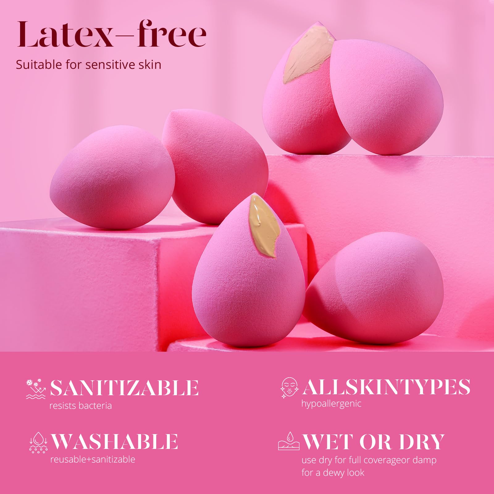 BEAKEY Super Soft Makeup Sponge Set of 6, Makeup Sponges for Foundation, Liquid, Cream and Powder, Pink Beauty Sponge for Blending, 0 Latex Blender - Medaid International