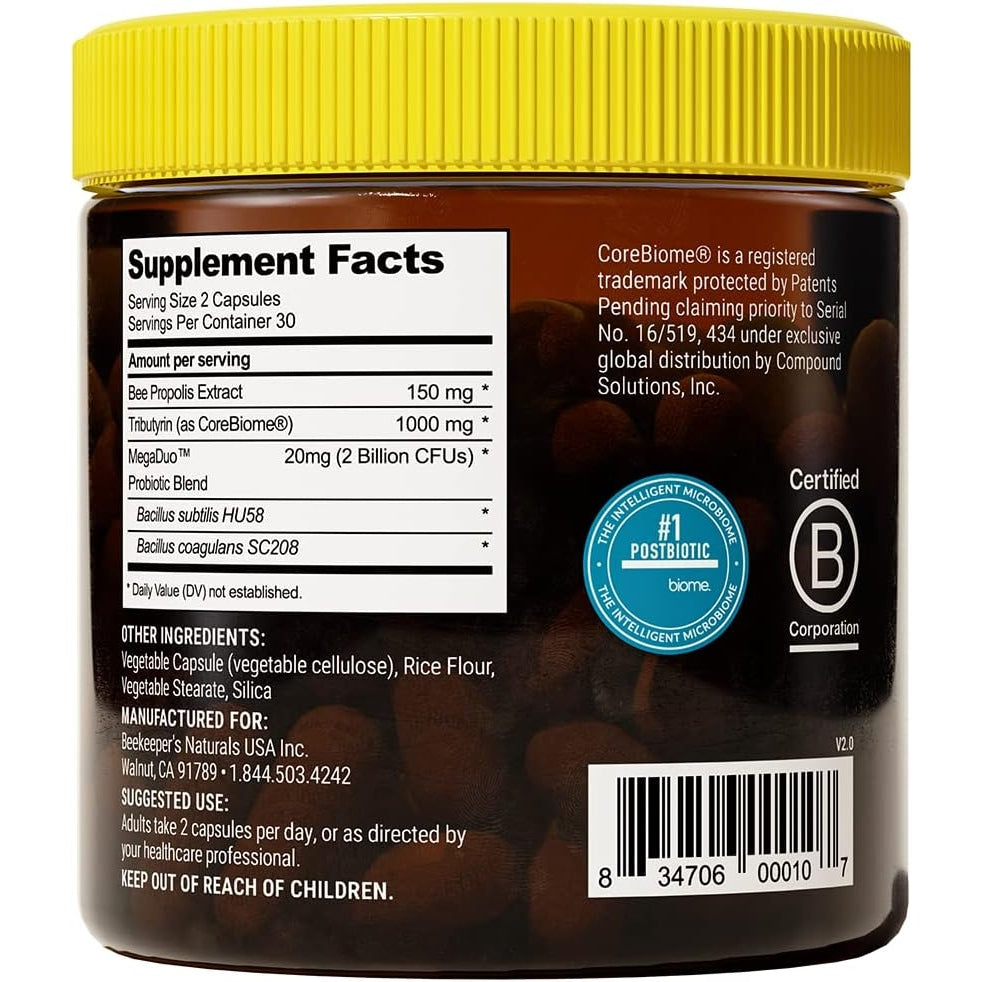 Beekeeper's Naturals Complete Gut Health, 3-in-1 Prebiotic, Postbiotic, Probiotics for Digestive Health & Bloating Relief for Women & Men, Propolis Powered, Gluten-Free Vegan Capsules, 60ct - Medaid International