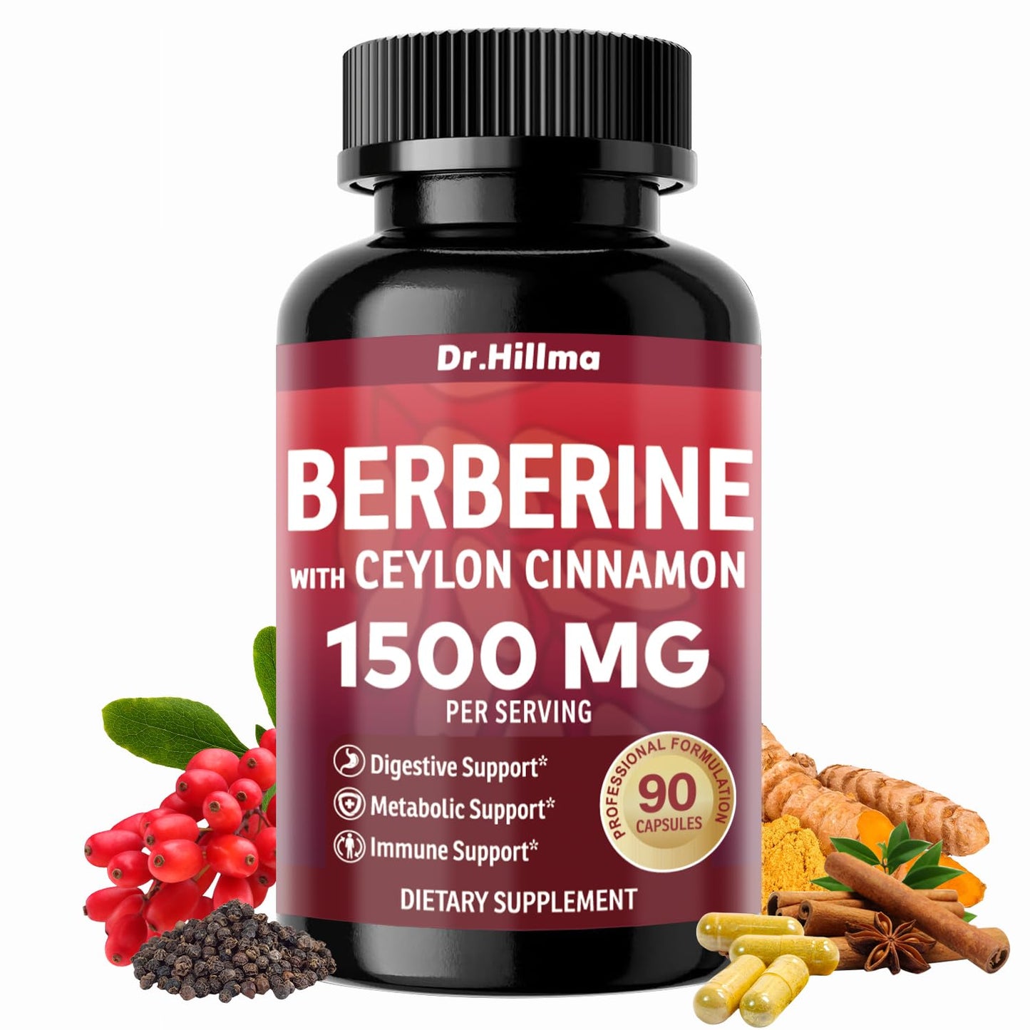 Dr.hillma Berberine Supplement 1500mg, High Bioavailability Berberine HCL with Ceylon Cinnamon, Supports Metabolic & Overall Wellness, Gluten Free, Non-GMO, 90 Capsules - Medaid International