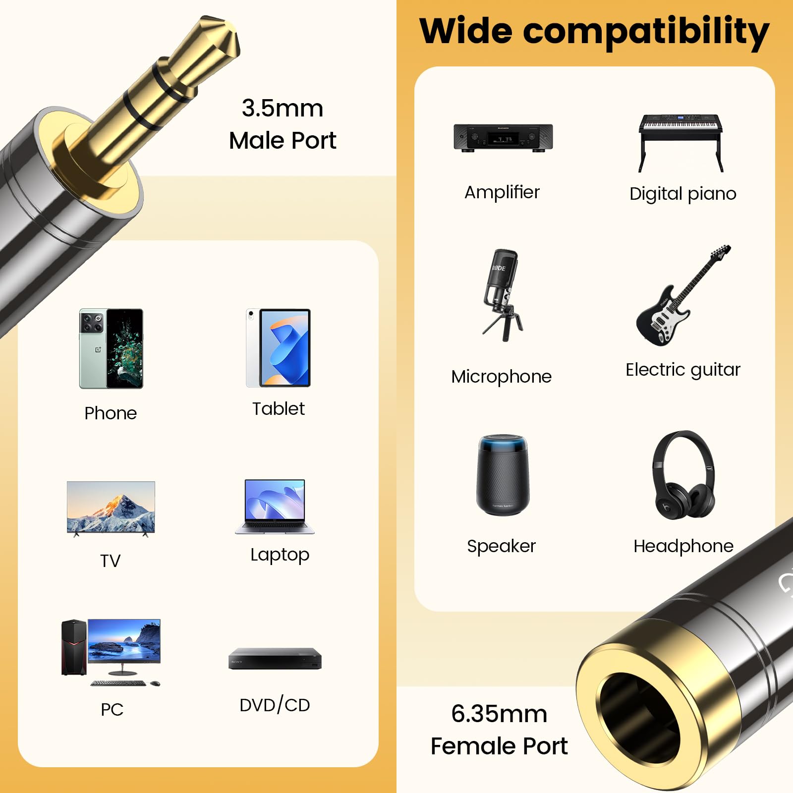 MOSWAG 3.5mm Male to 1/4'' Female Stereo Headphone Adapter, 3.5mm(1/8'') Plug Male to 6.35mm (1/4'') Jack Female Stereo Adapter for amplifiers, Mixing Console, Home Theater Devices, Electric Guitar - Medaid International