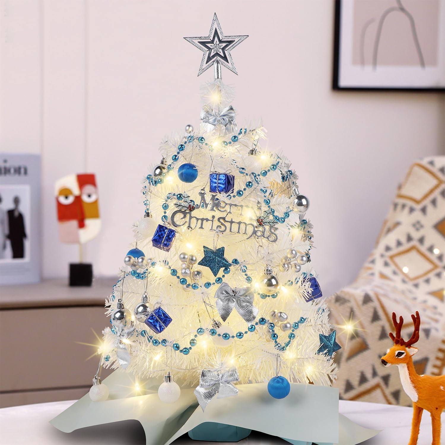 Juegoal White Mini Christmas Tree, 24 Inch/2 FT Lighted Tabletop Artificial Xmas Pine Tree, Small Spruce Tree Light Up Battery Operated & Timer with 50 LED Lights, for Holiday Winter Home Party Decor - Medaid International