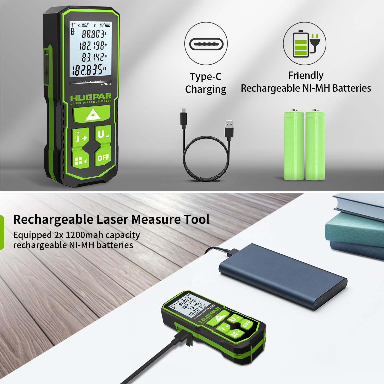 393FT Professional Green Laser Measuring Tool with Angle Sensor, Huepar 1/16in Accuracy Laser Distance Measurement Tool, Digital Laser Room Measuring Device, Laser Distance Meters - Medaid International
