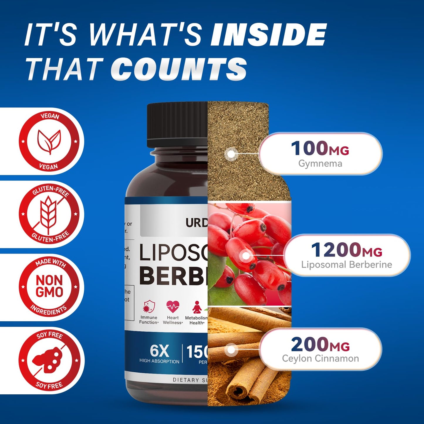 URDRU Berberine HCL Supplement 1500mg - with Ceylon Cinnamon & Gymnema, High Bioavailability Liposomal Berberine Capsules for Women and Men, AMPK Activator - Medaid International