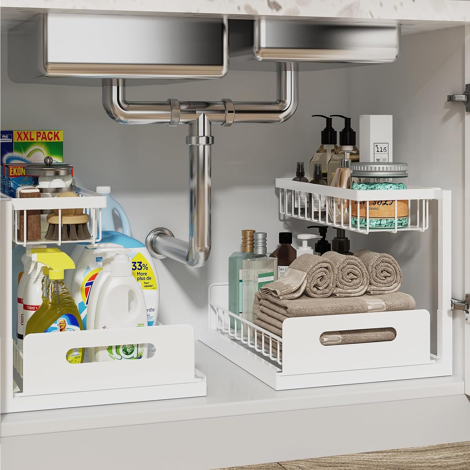 REALINN Under Sink Organizer and Storage, 2 Pack Pull Out Cabinet Organizer Slide Out Sink Shelf Cabinet Storage Shelves, Under Sink Storage for Kitchen Bathroom Cabinet - Medaid International