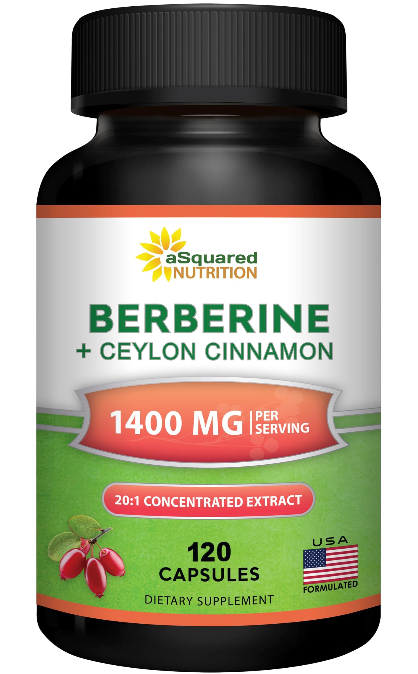 aSquared Nutrition Berberine with Ceylon Cinnamon Supplement - 1400mg Max Strength Complex - 120 Capsules - 1200mg HCl Powder Extract Plus Pills - Alternative to Gummies & Drops - Medaid International