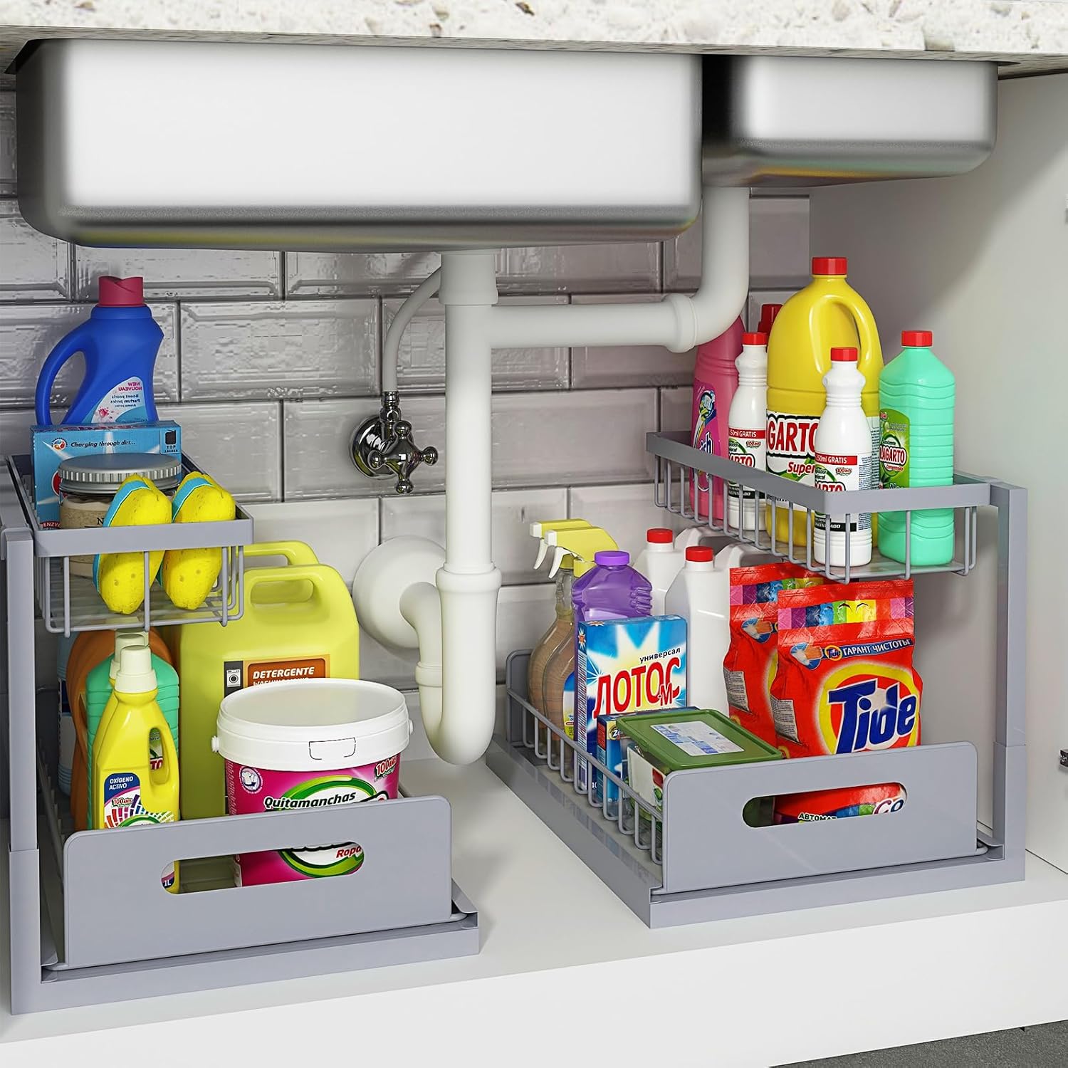 REALINN Under Sink Organizer and Storage, 2 Pack Pull Out Cabinet Organizer Slide Out Sink Shelf Cabinet Storage Shelves, Under Sink Storage for Kitchen Bathroom Cabinet - Medaid International