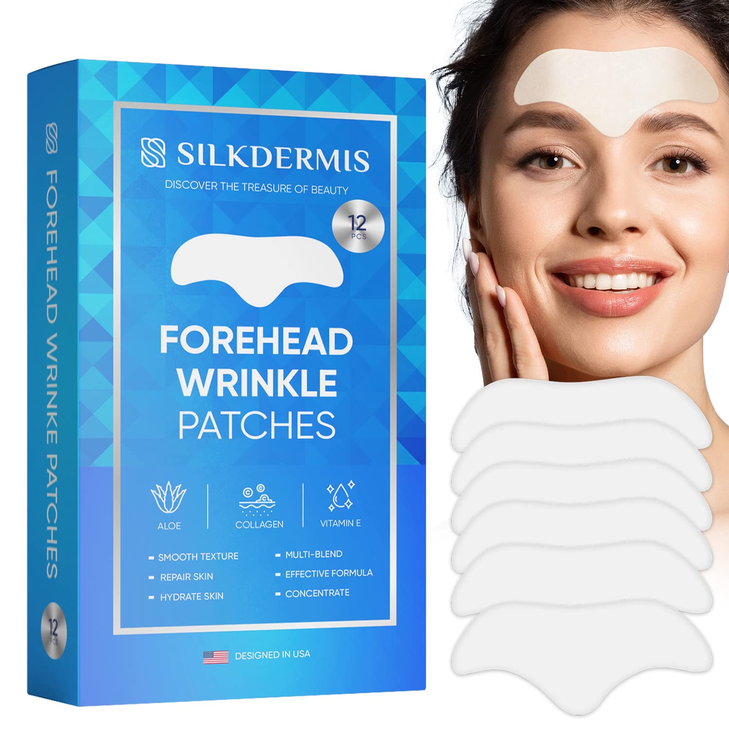 SILKDERMIS Forehead Wrinkle Patches 12Pcs with Aloe, Collagen, Vitamin E, Anti Wrinkle Patches, Forehead Wrinkles Treatment - Medaid International