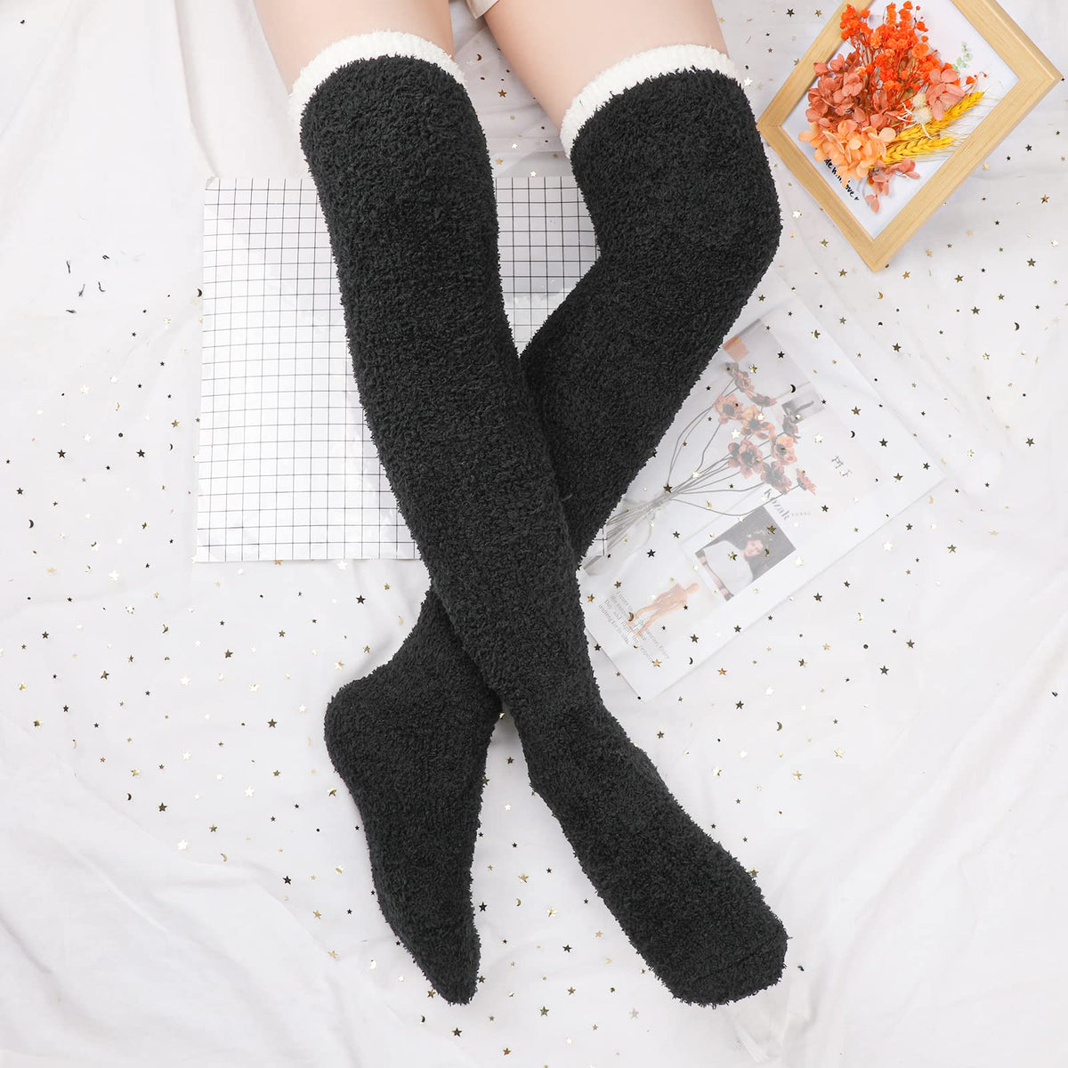Coral Fleece Thigh High Socks, 2 Pairs, One Size