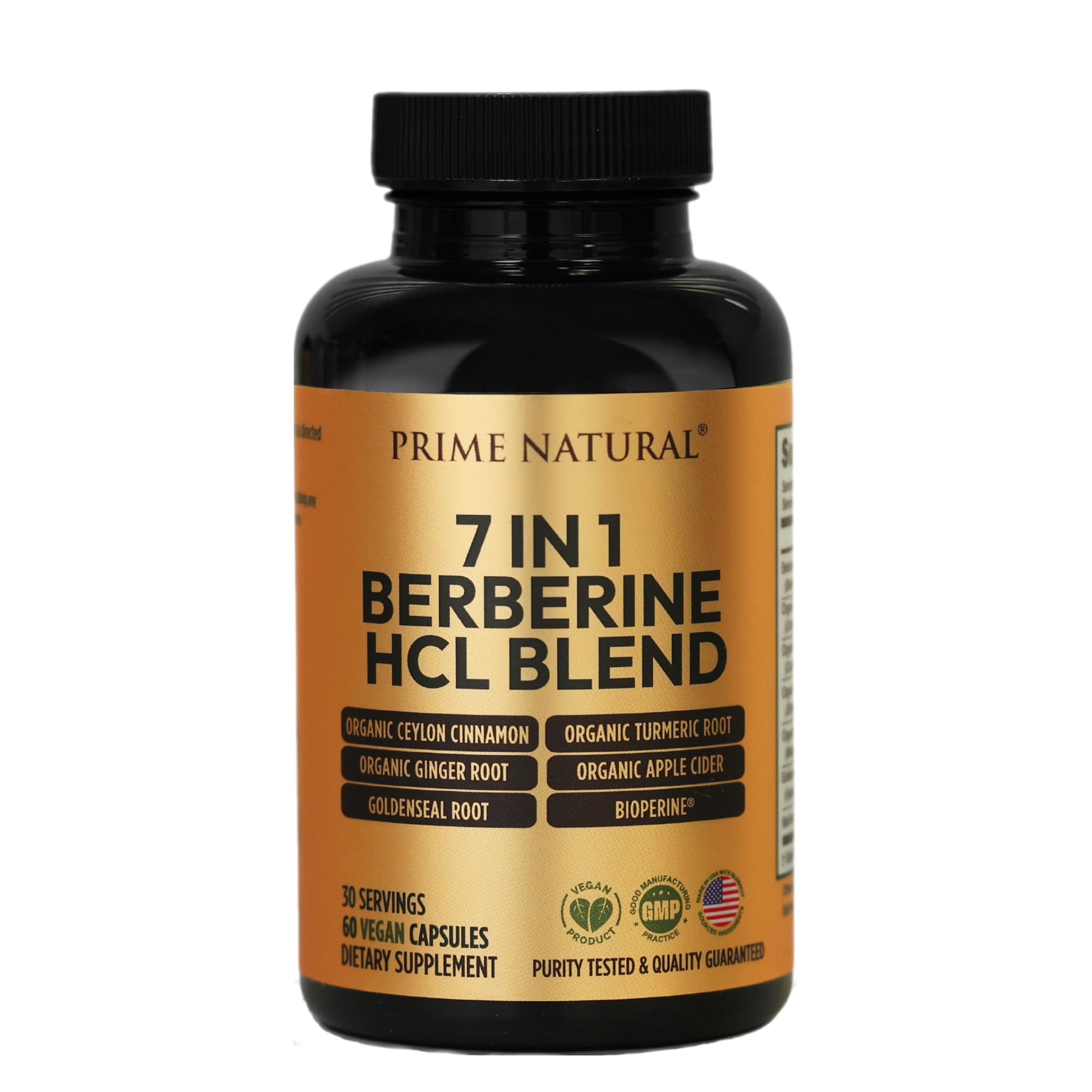 PRIME NATURAL Berberine HCl 600mg Organic Ceylon Cinnamon 400mg Organic Turmeric 200mg Organic Ginger 130mg Organic Apple Cider Vinegar 65mg Goldenseal Root 6.5mg Bioperine 3mg | 60 Capsules - Medaid International