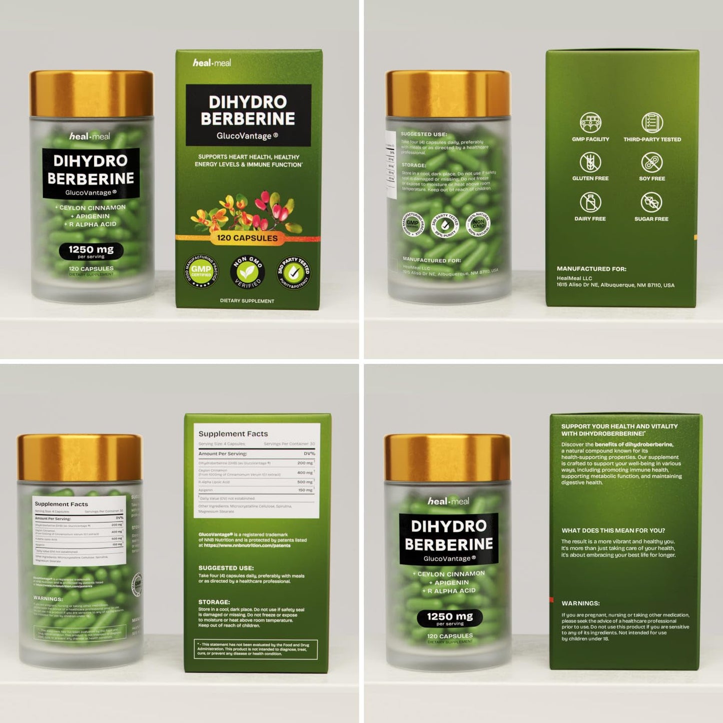 HealMeal Dihydroberberine Supplement - Dehydro Berberine Organic - Super Berberine Supplement with Ceylon Cinnamon & R Alpha Lipoic Acid & Apigenin - Hydroberberine 120 caps (1 Pack) - Medaid International