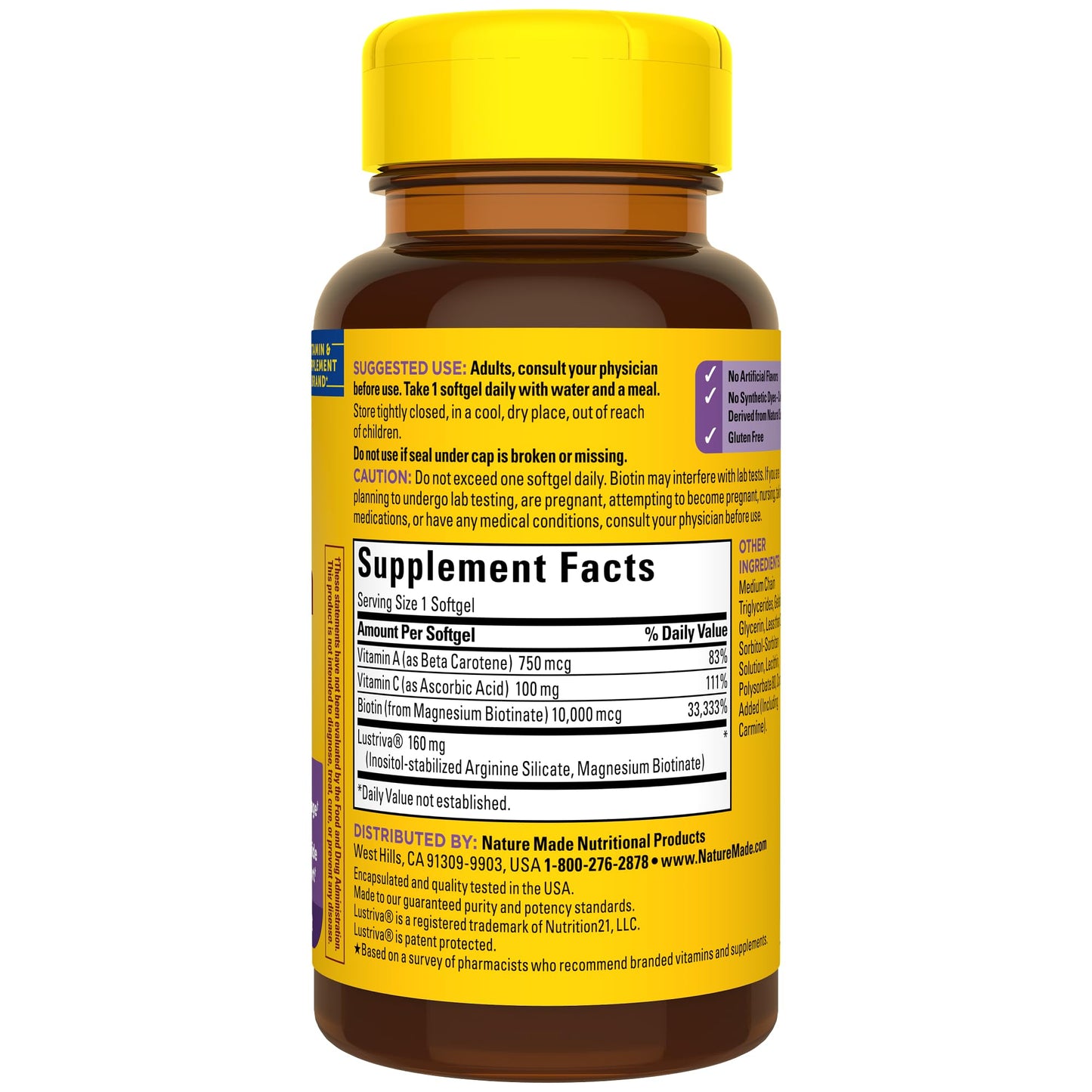 Nature Made Hair Growth Softgels with Lustriva, Biotin, Vitamin C & A, Support Healthy Hair as You Age, 30 Softgels, 30 Day Supply - Medaid International