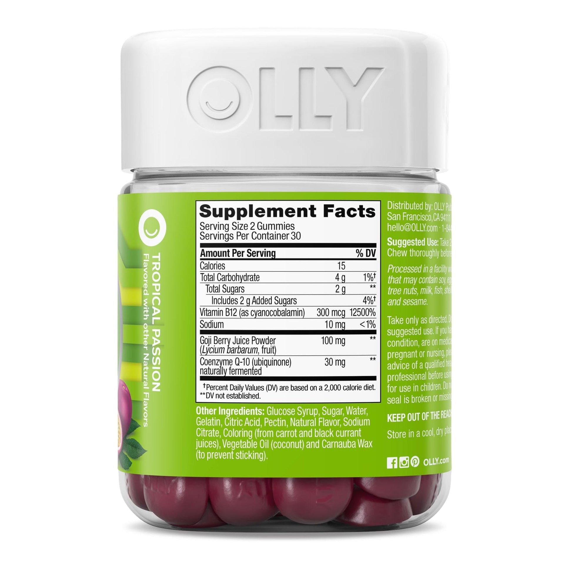 OLLY Daily Energy Gummy, Caffeine Free, Vitamin B12, CoQ10, Goji Berry, Adult Chewable Supplement, Tropical Flavor - 60 Count - Medaid International