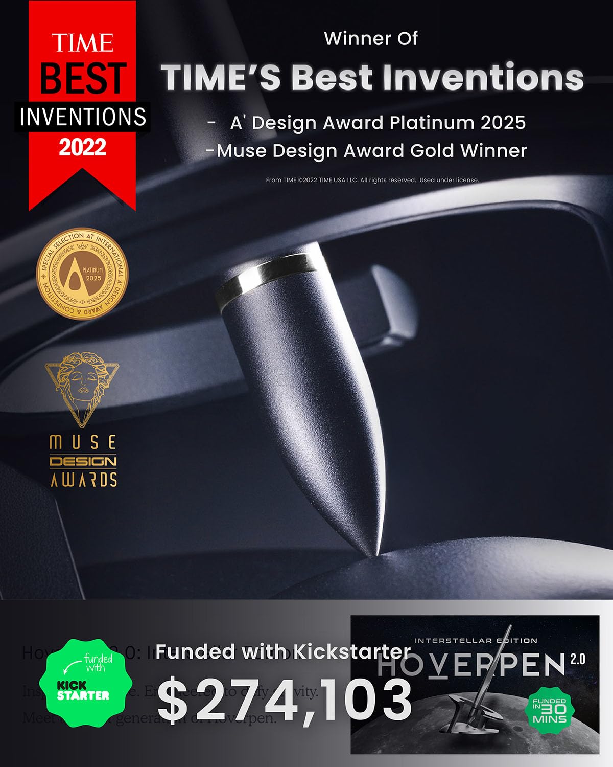 novium Hoverpen Interstellar - Space Black, Ballpoint Pen, 18K Gold-plated Pen Ring, 23.5 Degree Angle, Schmidt Ballpoint Refill, No Spills, No Spotting, No Explosions - Medaid International