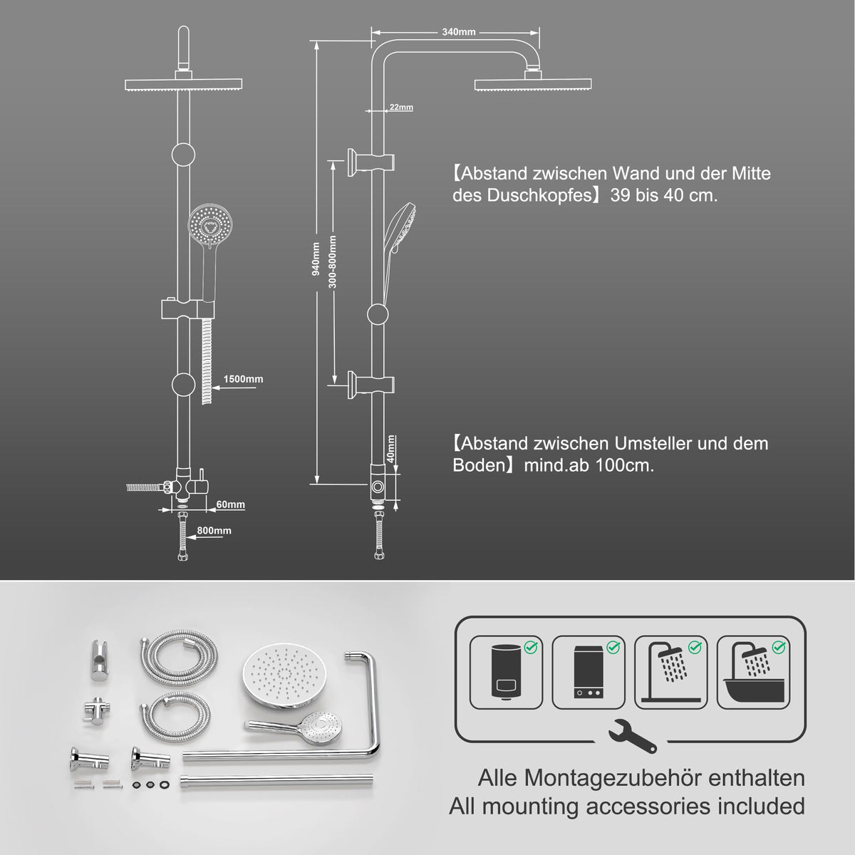 JOHO Shower Column without Taps Adjustable Fixings Heavy Duty Wall Set Bath Shower Shower Bathroom with Rain Shower Effect ABS D20 cm