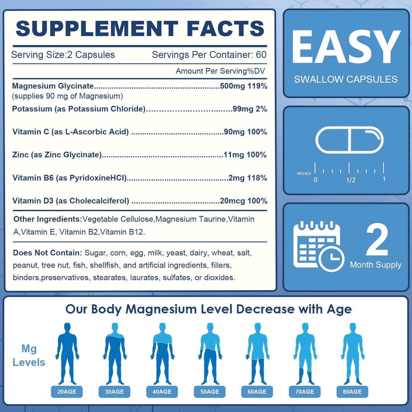 NATURE TARGET Magnesium Glycinate 500mg, Chelated Magnesium with Zinc & Vitamin D3 for Muscle, Nerve & Bone, Support Heart Health & Leg Cramp, Strength Immune System - 120 Capsules - Medaid International