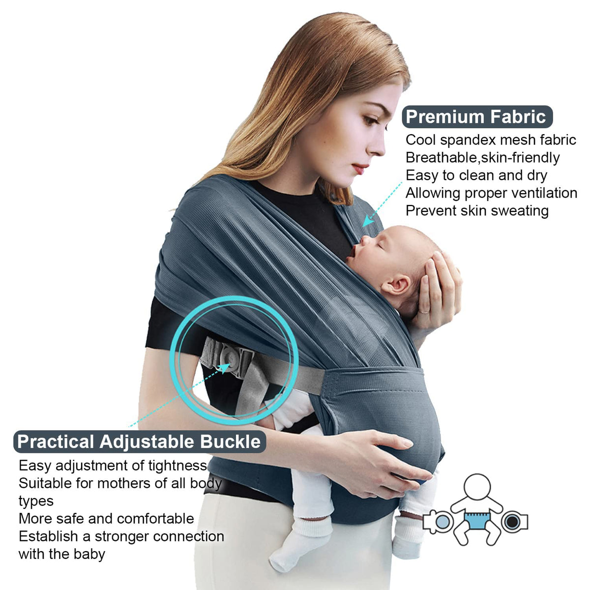 KASTWAVE Adjustable Baby Wrap Carrier Sling for Newborns to Toddlers, Stretchy Infant Carrier up to 35 lbs, Ideal for Comfort & Support (New Gray)