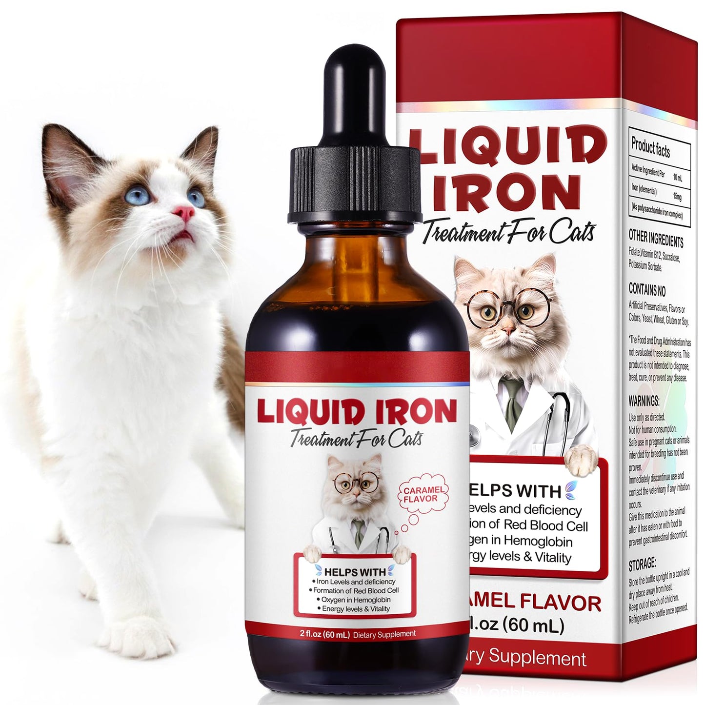 Iron for Cats with Anemia, 2 Fl Oz Liquid Iron Supplements for Cats Improves Anemia, Low Energy Levels and Lethargy, Promotes Blood Health - Medaid International