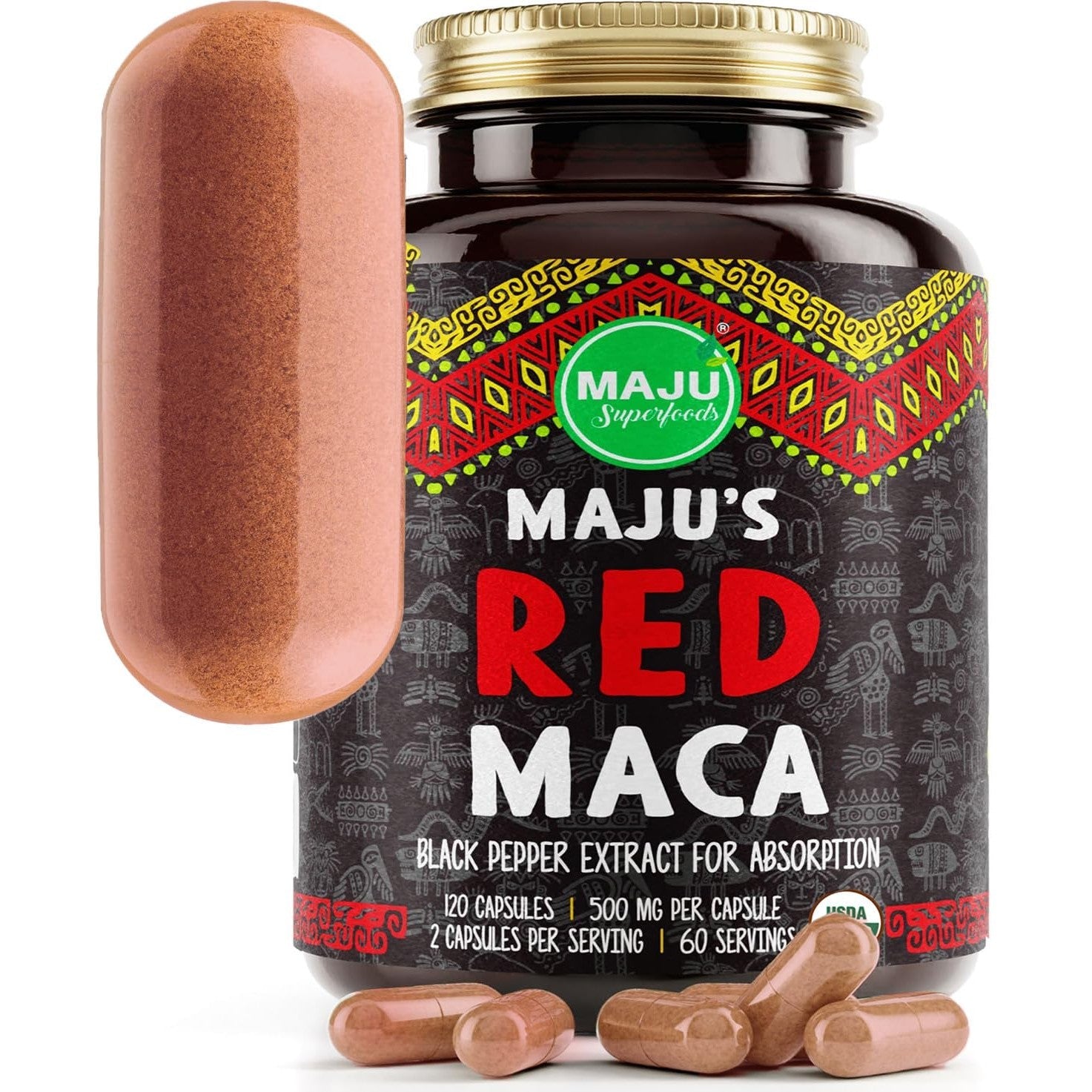 Maju Superfoods Organic Red Maca Root Capsules 120ct - Women Focused Curve Enhancement Nutrition Booster Pills, Gain for Thighs, Powder in Pill Supplement - Medaid International