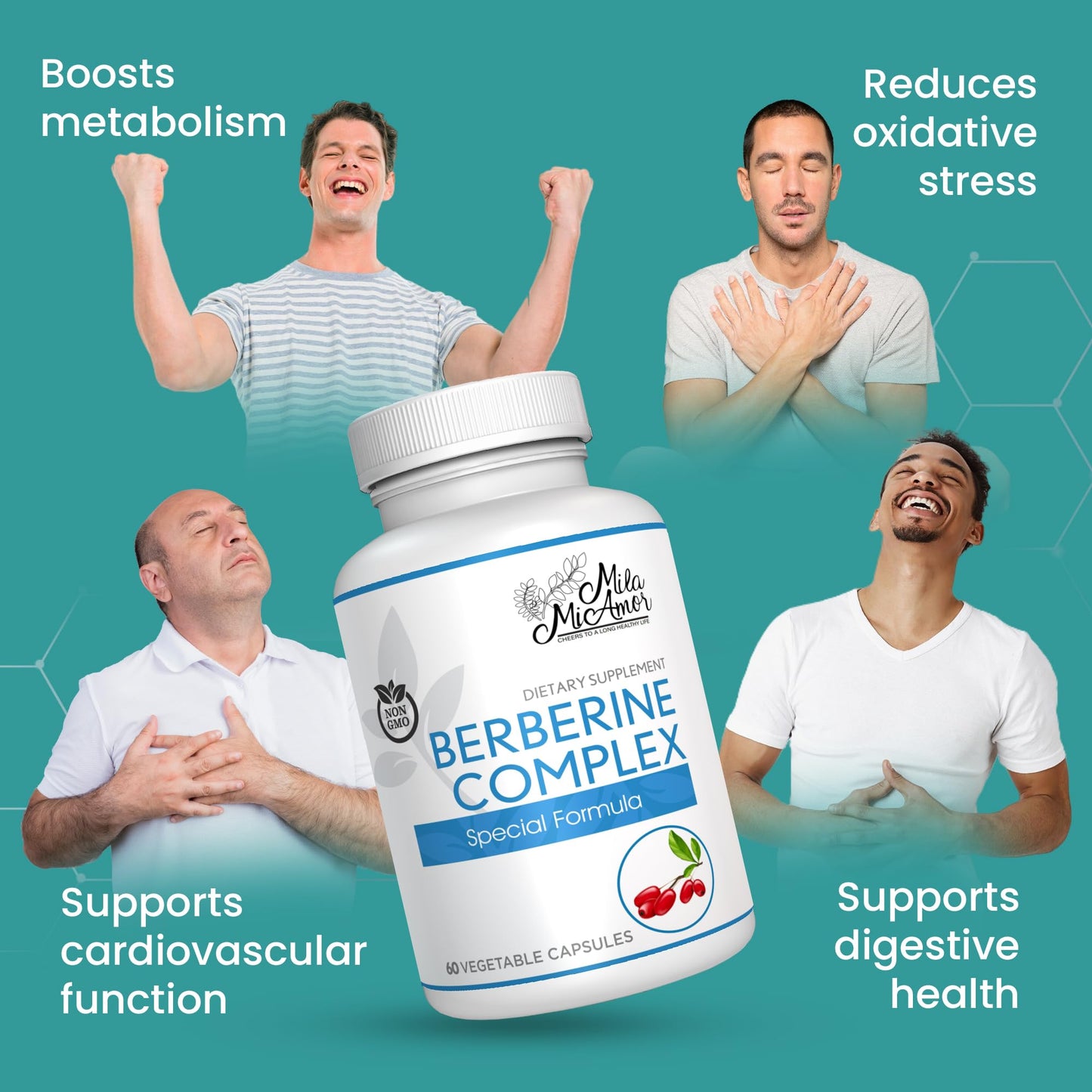 Mila Miamor Berberine Complex HCL 500mg - Special Berberine Supplement with Melon Fruit & Banaba Leaf - Non-GMO, Made in USA - Heart, Cognitive & Gastrointestinal Health - 60 Capsules - Medaid International
