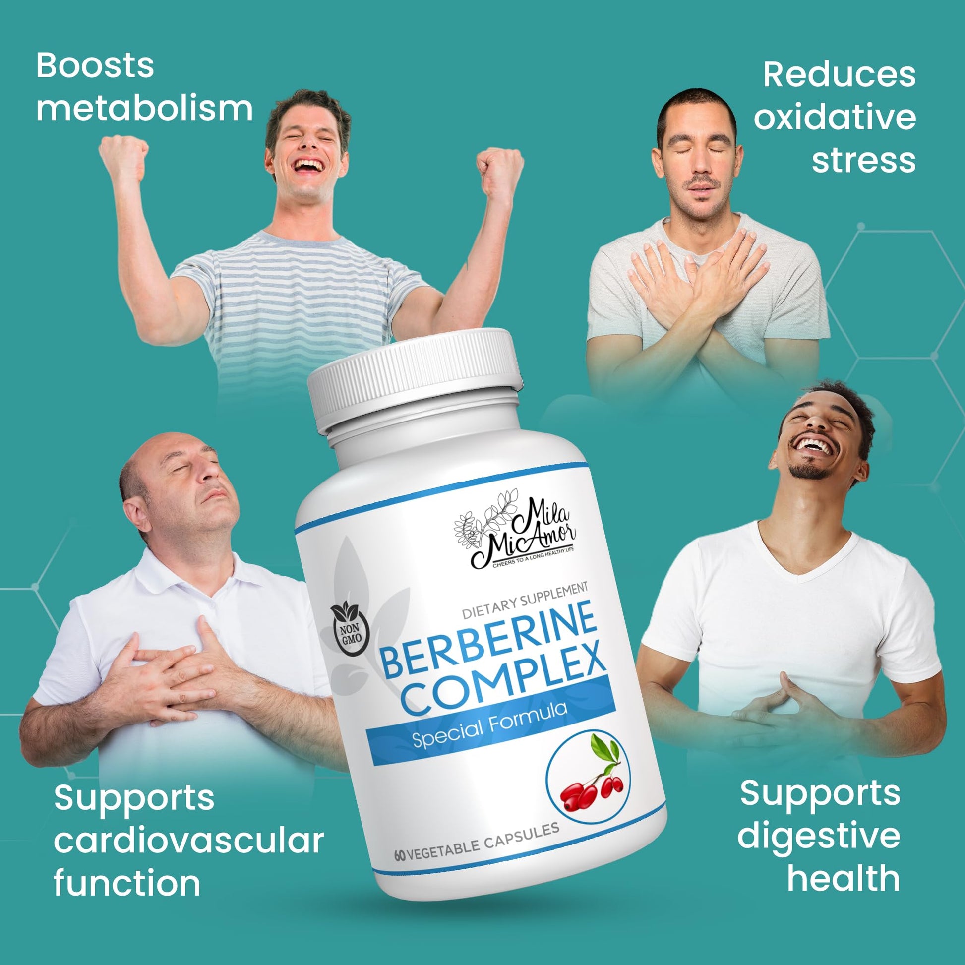 Mila Miamor Berberine Complex HCL 500mg - Special Berberine Supplement with Melon Fruit & Banaba Leaf - Non-GMO, Made in USA - Heart, Cognitive & Gastrointestinal Health - 60 Capsules - Medaid International