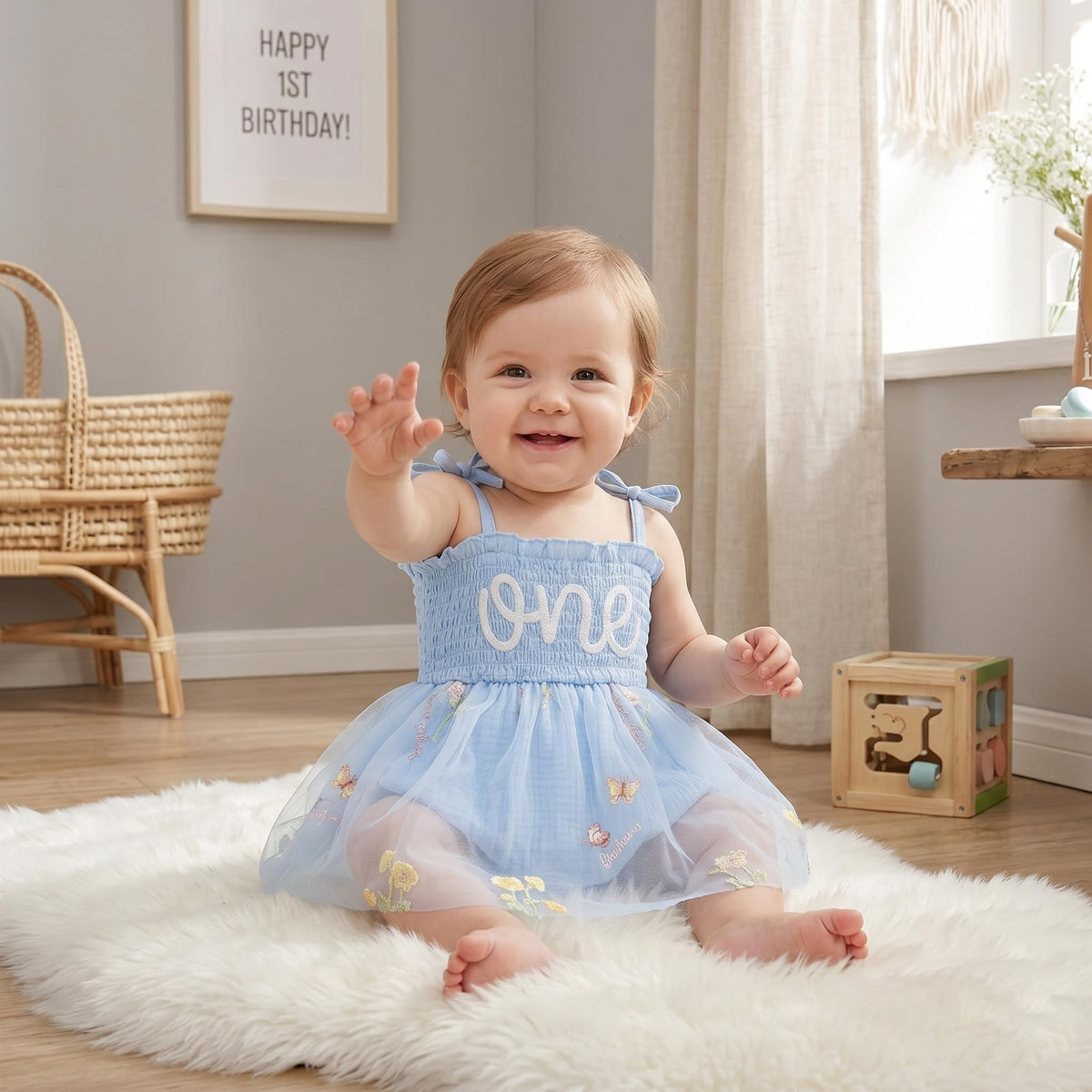 Baby Girl 1st Birthday Outfit, Floral ONE Tulle Romper Dress with Matching Headband Set, Sleeveless Princess Bodysuit Photo Props for 12-18 Months Cake Smash Party
