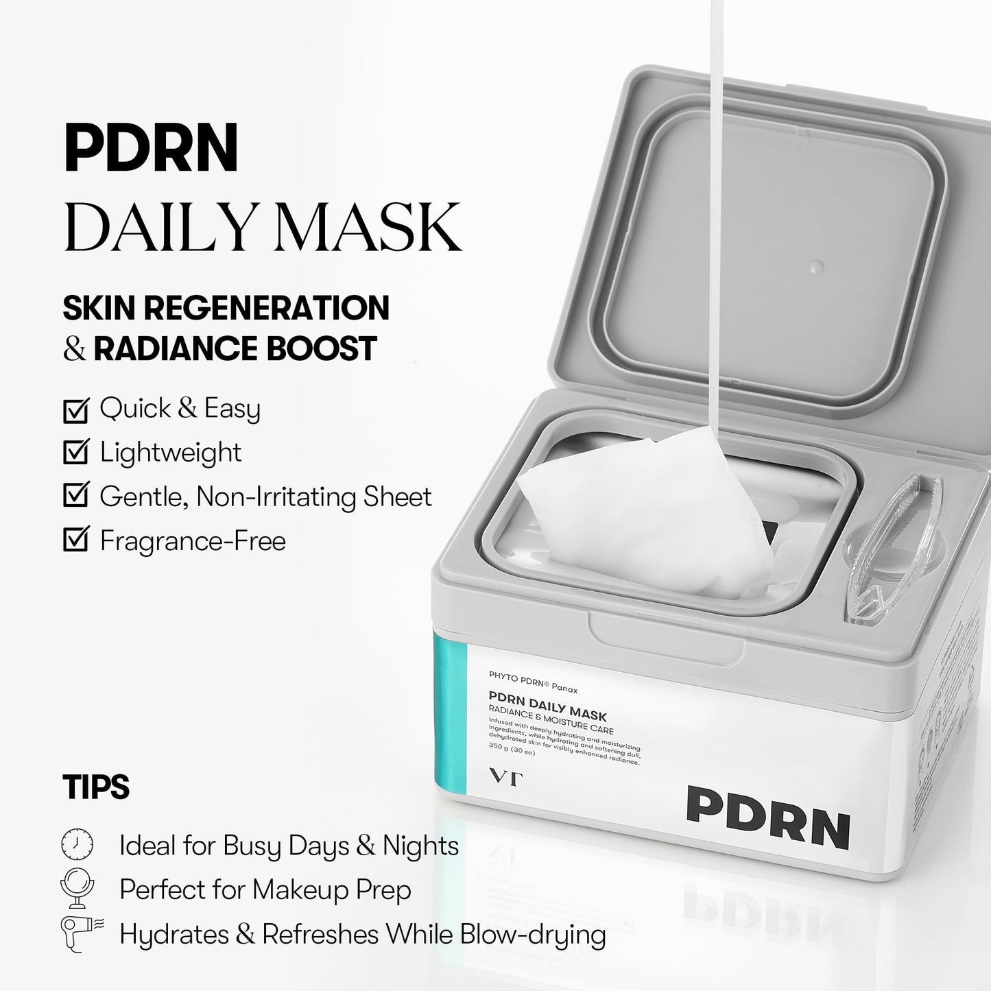 VT COSMETICS PDRN Daily Mask 30 Sheets, Vegan PDRN for Skin Restoration & Radiance, Hydrating & Moisturizing, Anti-Aging, Plumping Effect, Korean Face Mask (350g) - Medaid International