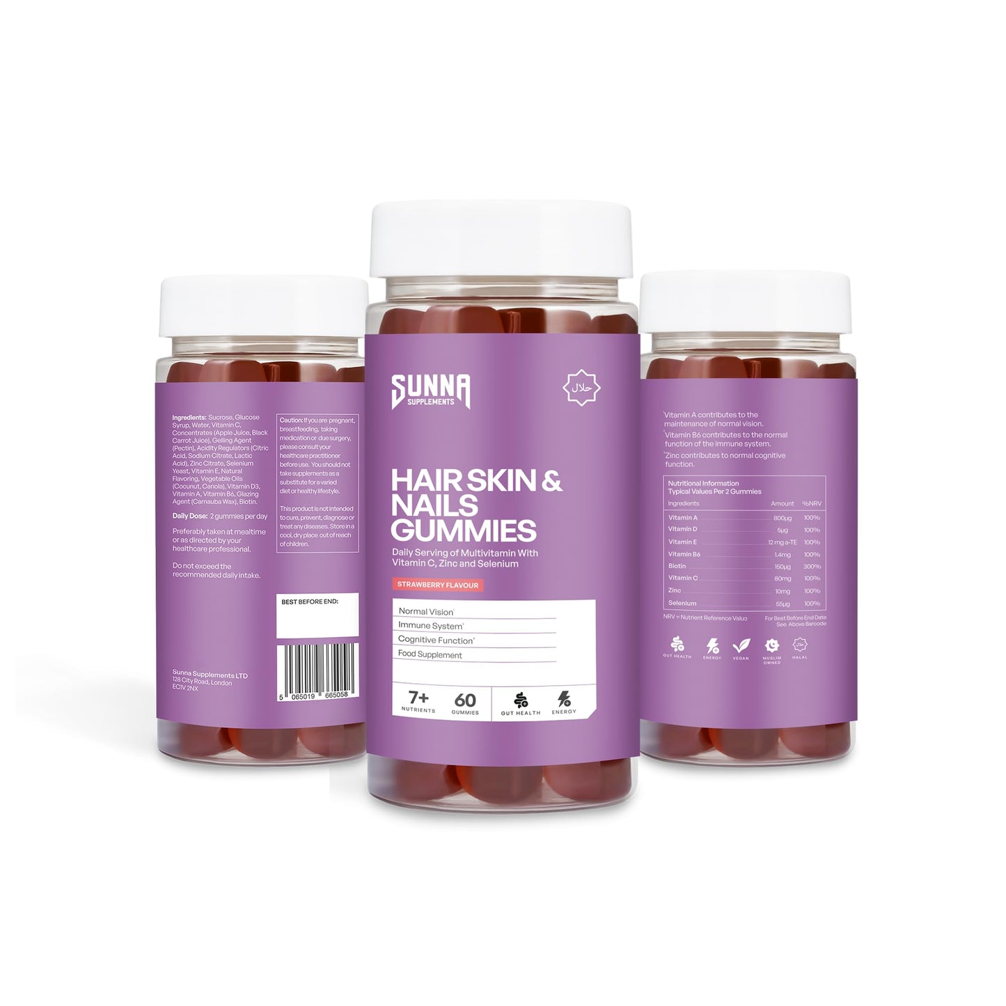 SUNNA SUPPLEMENTS Halal Hair, Skin & Nails Gummies – Biotin, Zinc & multivitamins Gummies for Hair Growth, Strong Nails & Radiant Skin – Gelatin-Free, Vegan Hair Vitamins for Women & Men – 60 Gummies - Medaid International