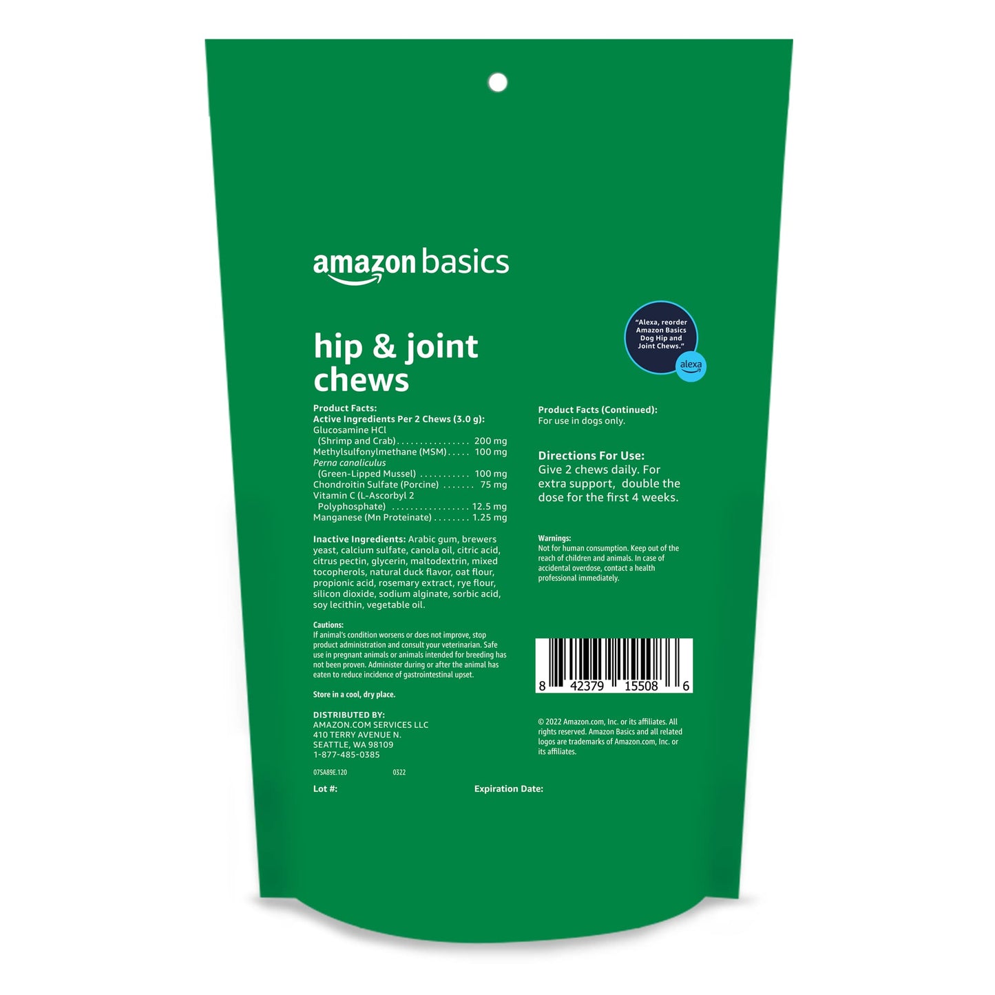 Amazon Basics Dog Hip & Joint Daily Supplement Chews with Glucosamine, MSM, and Vitamin C, Duck Flavored, 120 Count (Previously Solimo)