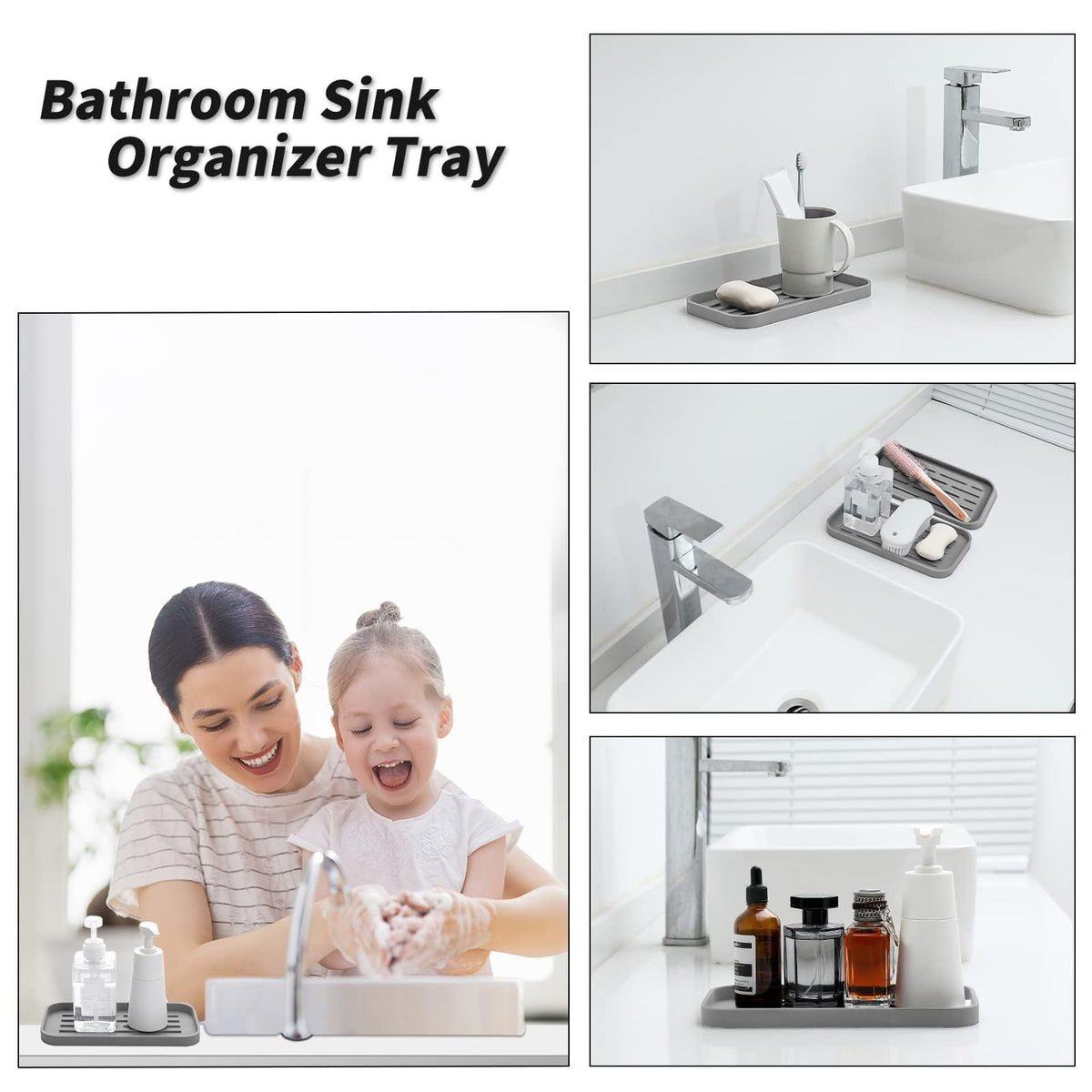 Terrifi Silicone Kitchen Sink Organizer Tray, Eco-Friendly Sponges Holder For Bathroom Counter Or Sink, Kitchen, Bathroom, Makeup, Trinkets, Cup (Grey, 10"×5.3")