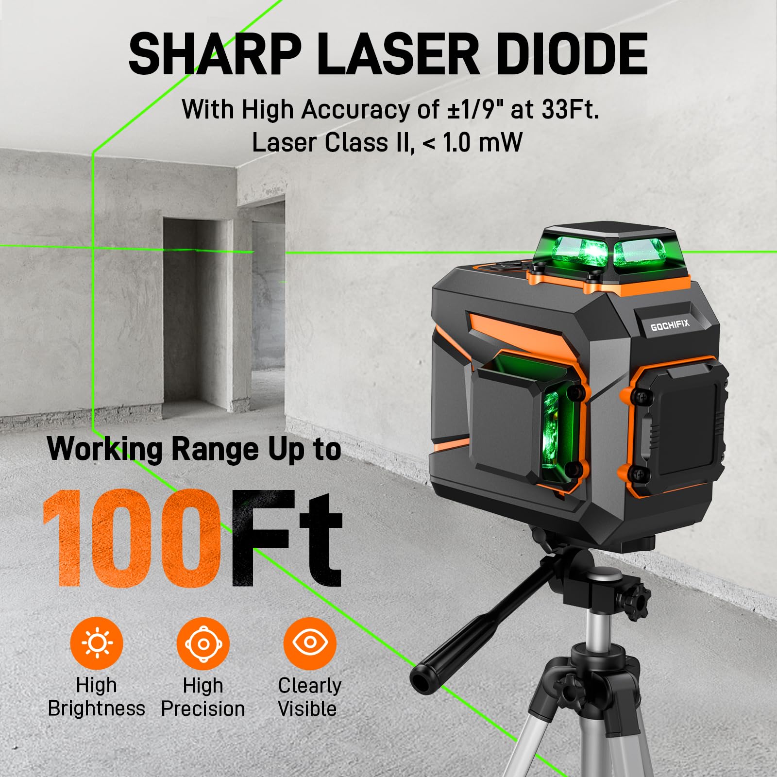 Laser Level 360 Self Leveling Green Line Laser Level Tool Wall Suction Stand Receiver 100ft Line Laser for Picture Hanging Outdoor Rechargeable Battery,2x360,2D - Medaid International