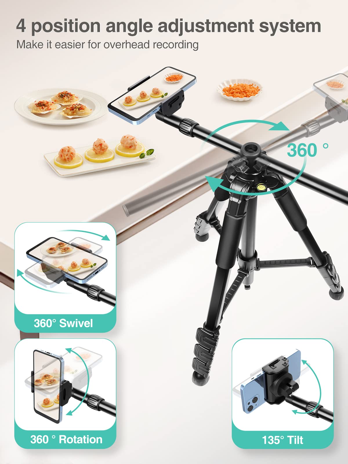 Elitehood iPhone Tripod for Overhead Video Recording [Heavy Duty & Ultra-Stable], 25in Horizontal Long Extendable Boom, 360° Rotation iPhone Tripod Stand with Remote, Vertical 71" Tall Phone Stand - Medaid International