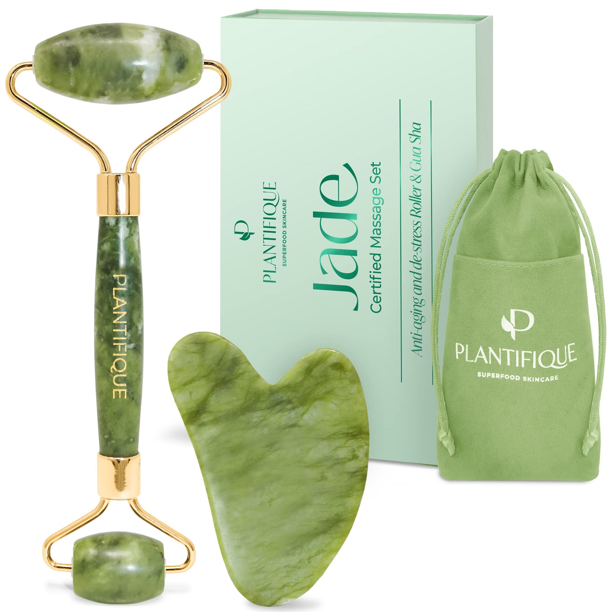 PLANTIFIQUE Jade Roller & Gua Sha Set – Real Jade Facial Tools for Skin Care Routine – Certified Face Massager for Radiant Skin - Medaid International