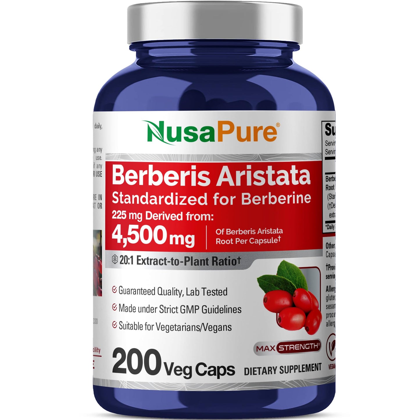 NusaPure Berberine HCI 20:1 Extract, 225 mg Equivalent to 4,500mg - 200 Veggie Caps - (Vegetarian, Non-GMO, Vegan) - Medaid International