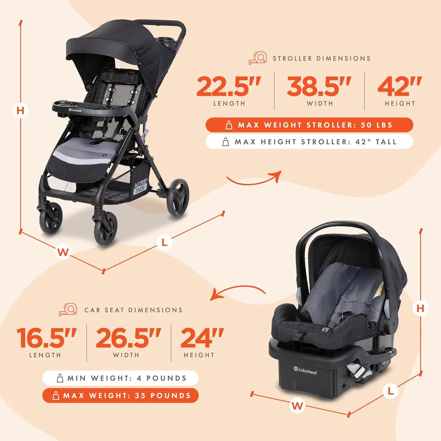BabyTrend - Passport Cargo Stroller -  EZ-Lift Plus Infant Car Seat - Base Included - Dash Black