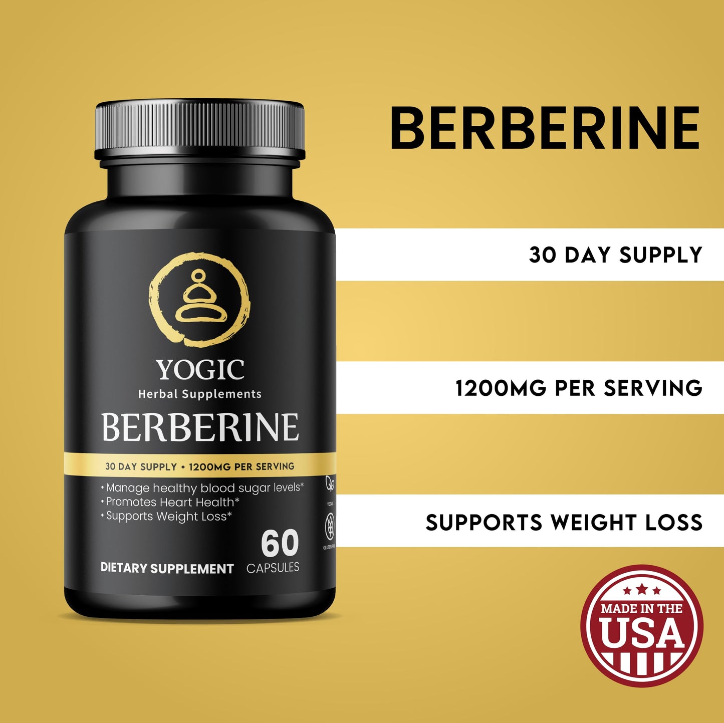 Yogic Berberine Supplement - Berberine 1200mg Per Serving - Berberine HCI - 60 Capsules - Medaid International
