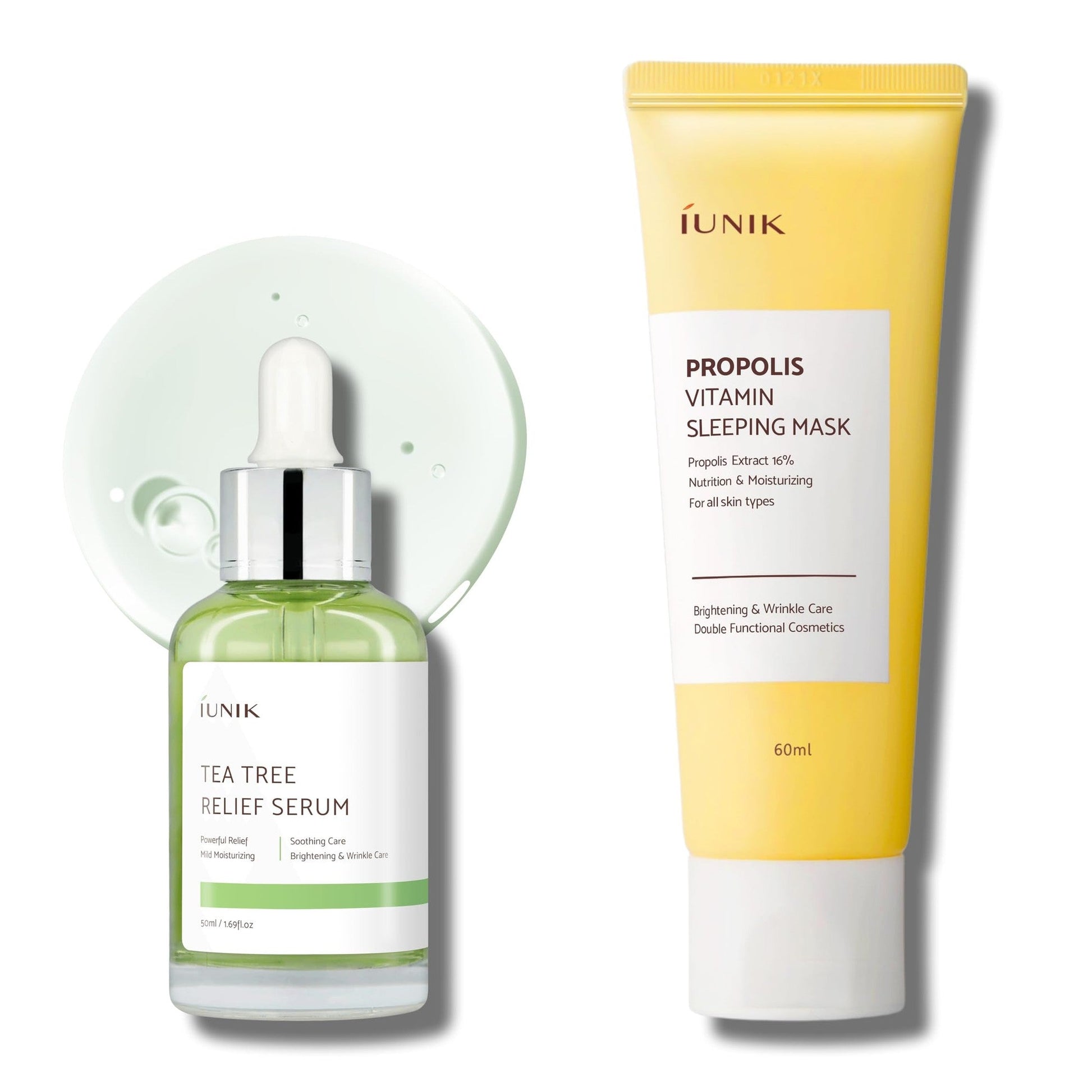 iUNIK Tea Tree Relief Serum & Propolis Vitamin Glow Sleeping Mask Night Cream Moisturizer Leave-in Overnight Mask Firming Lifting Anti-aging All Skin Types Soothing Calming Vegan Korean Skincare - Medaid International