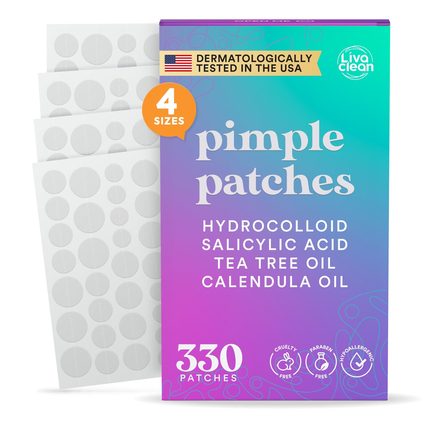 LivaClean 330 CT Pimple Patches for Face w/Salicylic Acid, Tea Tree Oil & Calendula Oil - Four Sizes - Pimple Patch, Hydrocolloid Patch, Acne Patches for Face - Medaid International