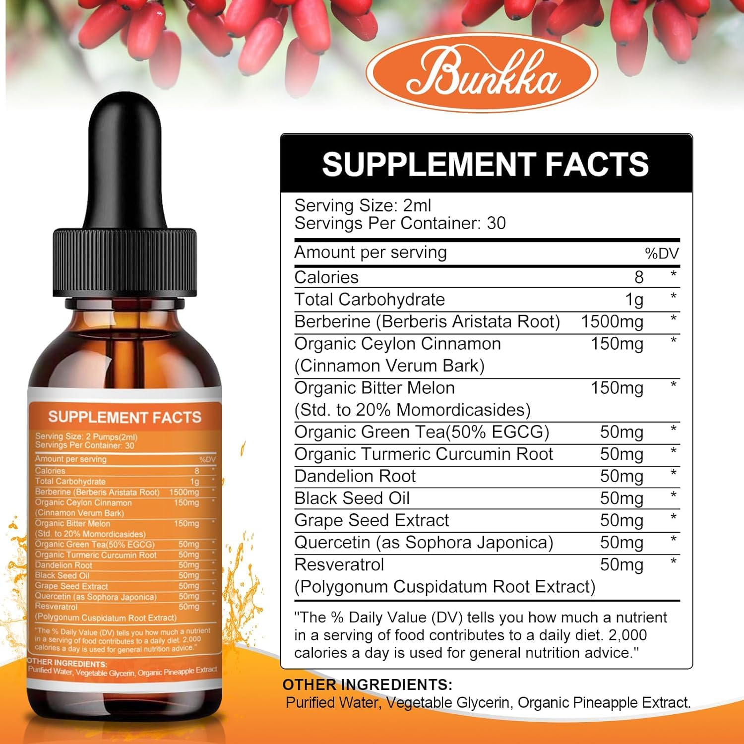 Bunkka (2 Pack) Berberine Supplement, Berberine Liquid Drops with Ceylon Cinnamon, Bitter Melon, Sugar-Free & Vegan Supplement Supports Immune System & Gastrointestinal Care - 4 FL Oz - Medaid International