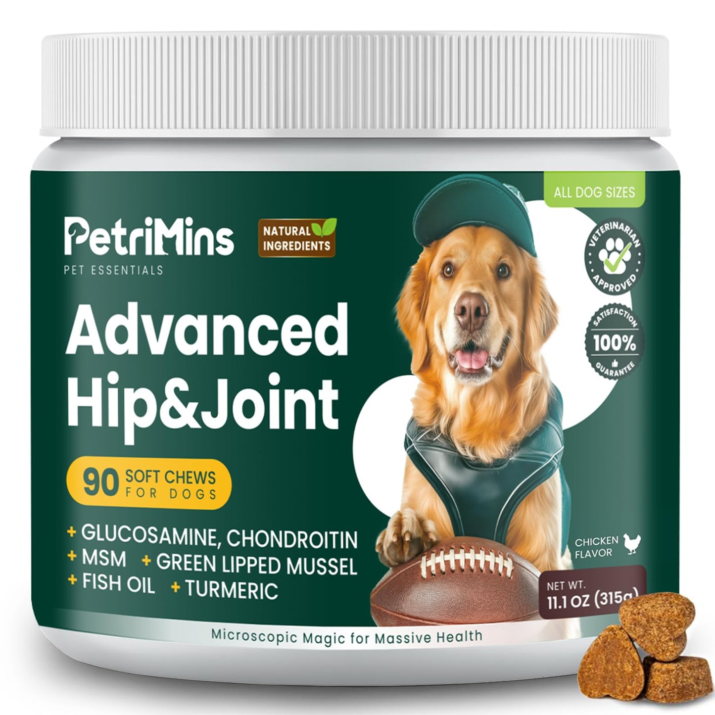 PetriMins Advanced Hip & Joint Supplement for Dogs with Glucosamine and Chondroitin, for Dogs Glucosamine, Organic Turmeric, Egg Shell Membrane, Green Lipped Mussel, 90-Count, Chicken
