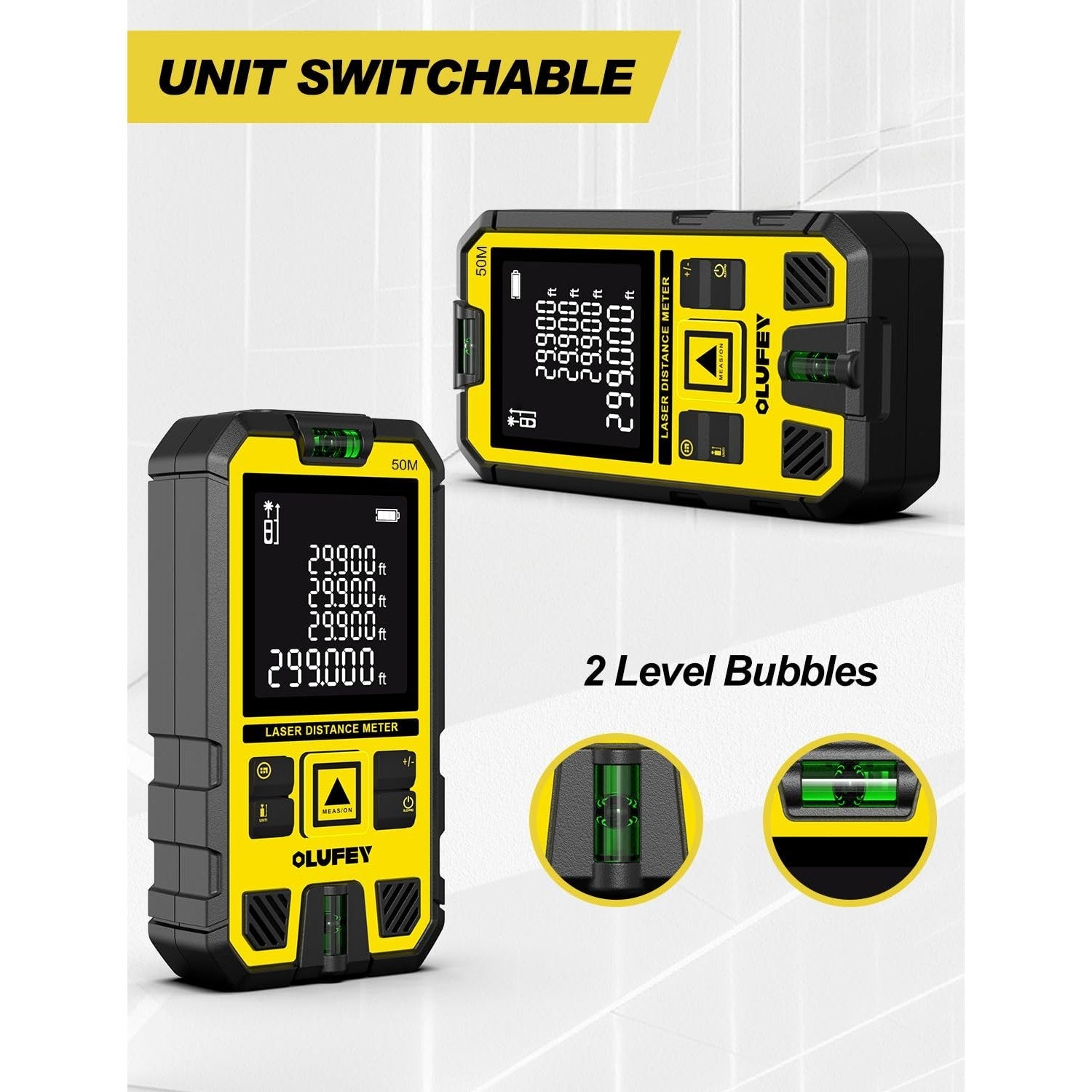 OLUFEY Laser Measure,Laser Distance Meter Device IP54 Portable Digital Measure Tool Range Finder with Bubble Levels and LCD Backlit - Medaid International