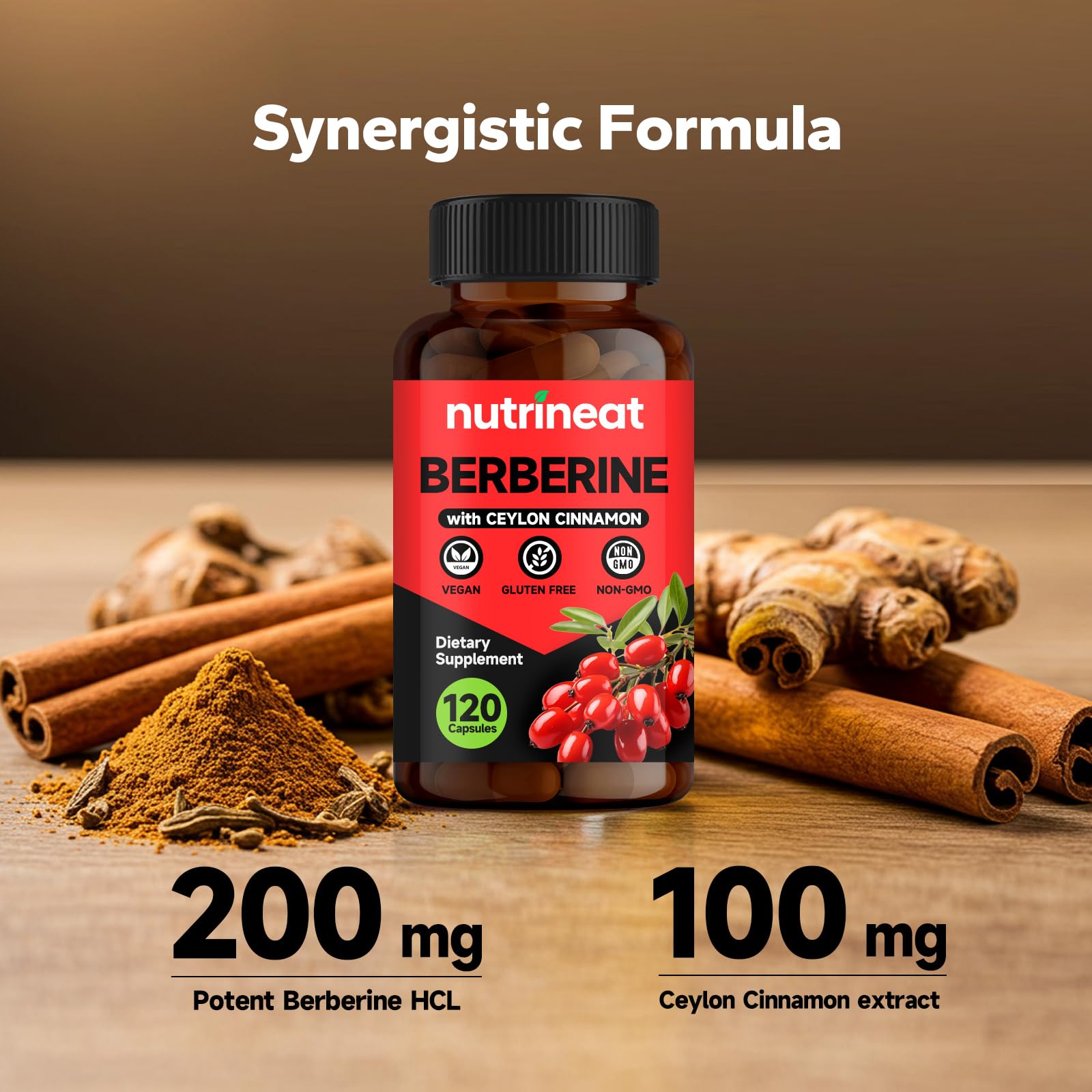 NutriNeat Berberine HCL Supplement (120 Capsules), Berberine Supplement with Phytosome Plus Botanical Extract, 200mg Berberine Plus 100mg Ceylon Cinnamon, Concentrated Berberine 500mg Supplements - Medaid International