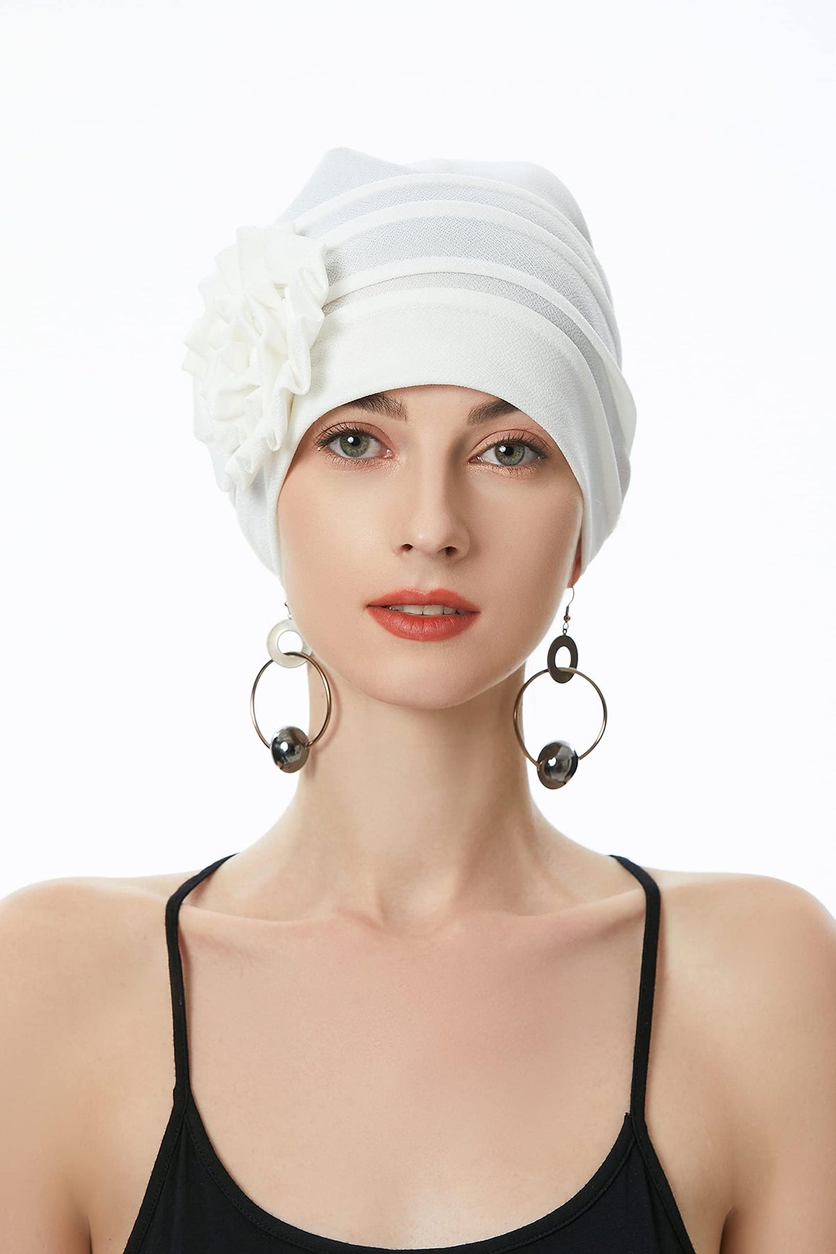 TERRIFI Women's Turban Beanie Hat with Flower - Elastic Chemo Headwear, Floral Head Wrap Cap, White