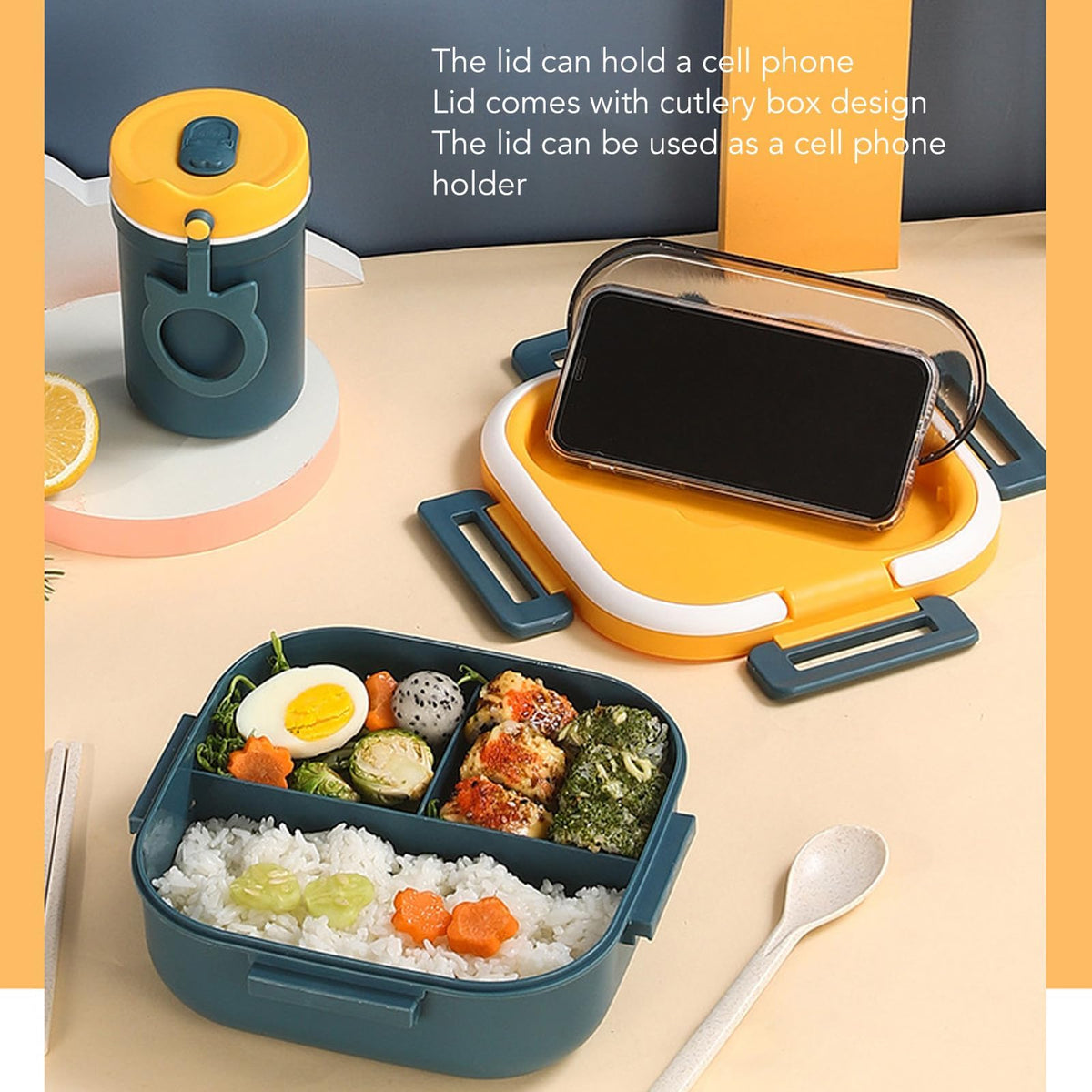 TERRIFI Bento Lunch Box, Portable Bento Box with Soup Cup Chopsticks Spoon, Reusable Lunch Containers, Microwaveable, Suitable for Office Outdoor Picnic (Blue)