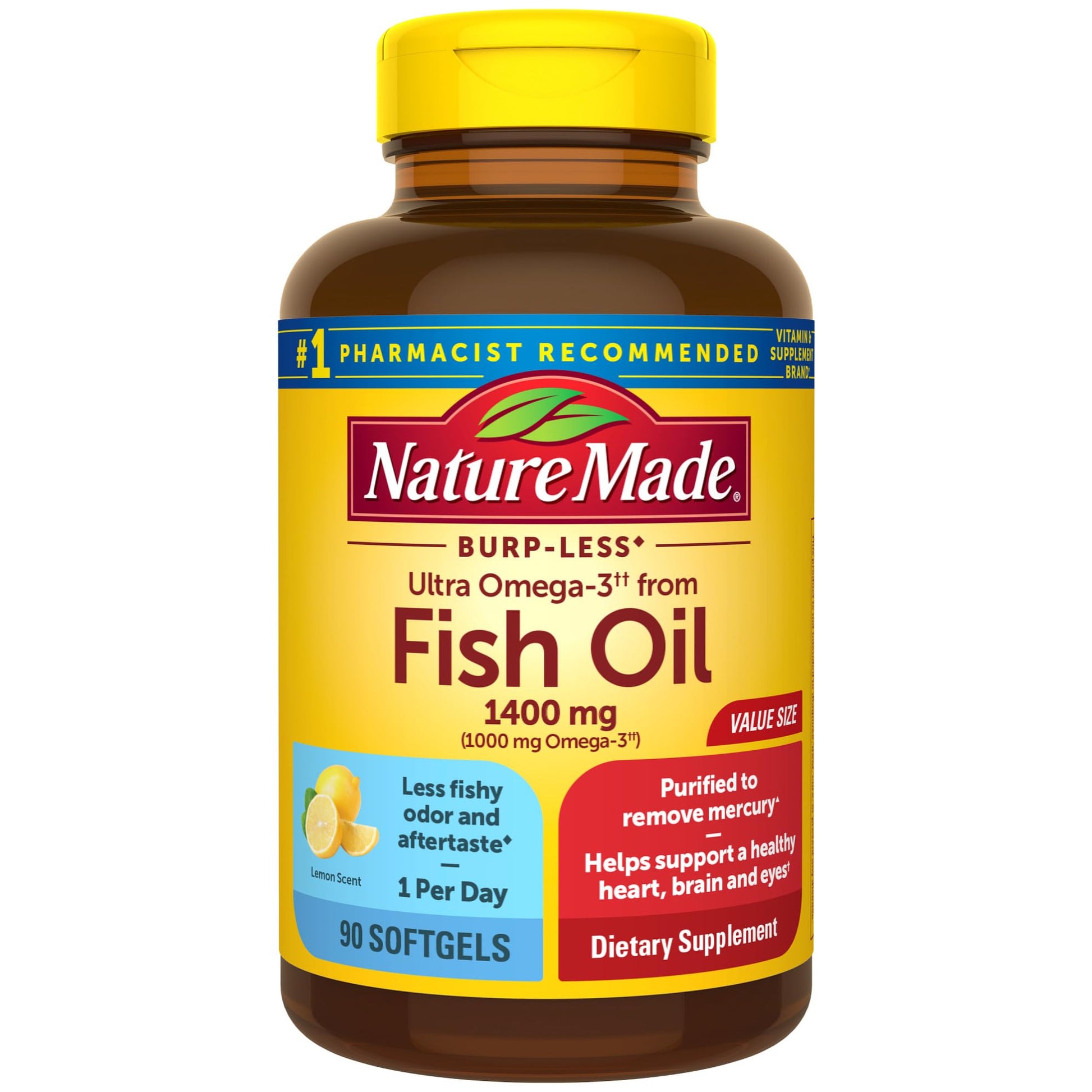 Nature Made Burp Less Ultra Omega 3 Fish Oil Supplements, 1400mg Fish Oil Omega 3 Supplements as Ethyl Esters for Healthy Heart Brain Eyes Support, One Per Day, 90 Softgels - Medaid International